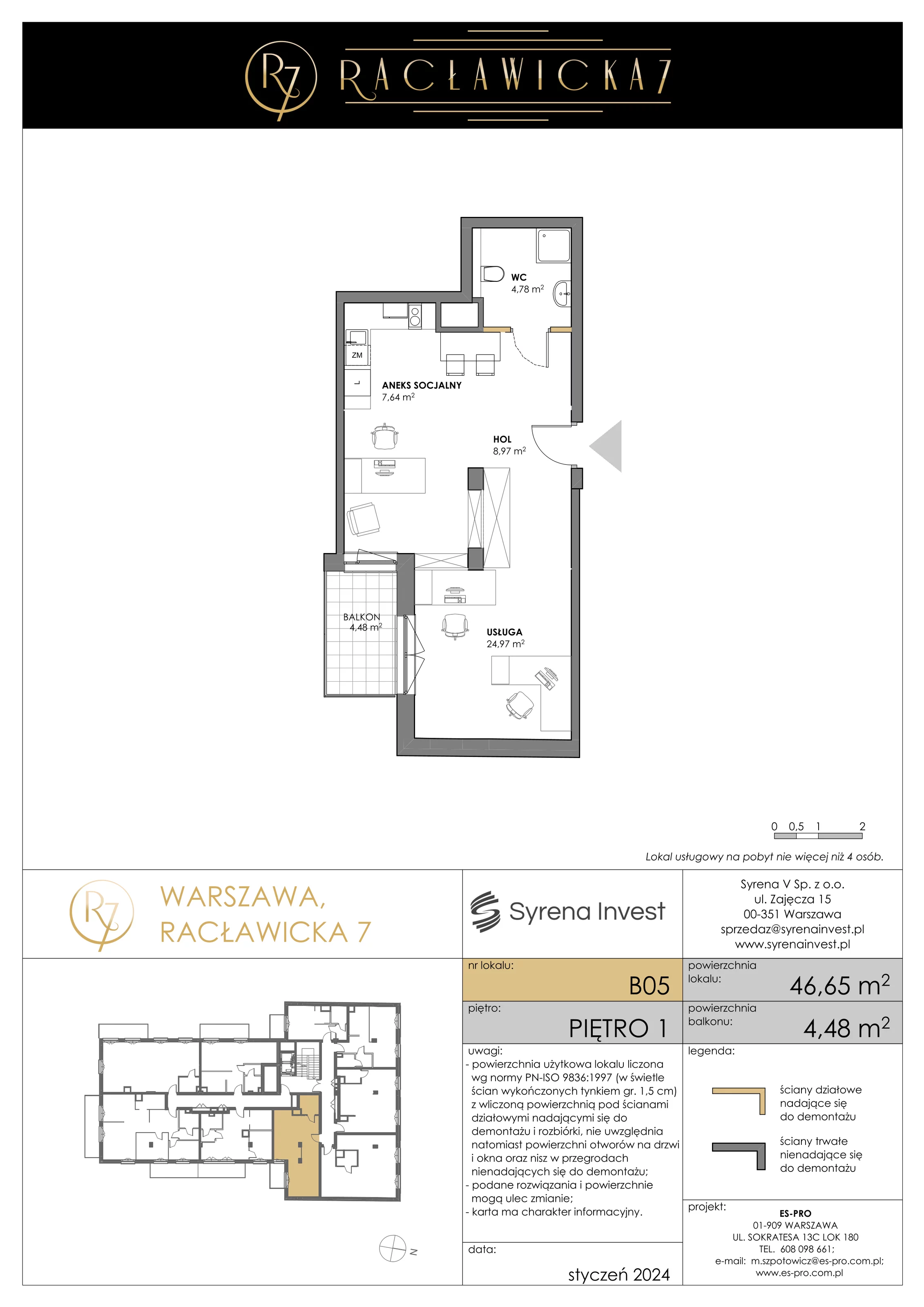 Lokal inwestycyjny 46,65 m², piętro 1, oferta nr B05, Racławicka 7 - lokale inwestycyjne, Warszawa, Mokotów, Stary Mokotów, ul. Racławicka 7