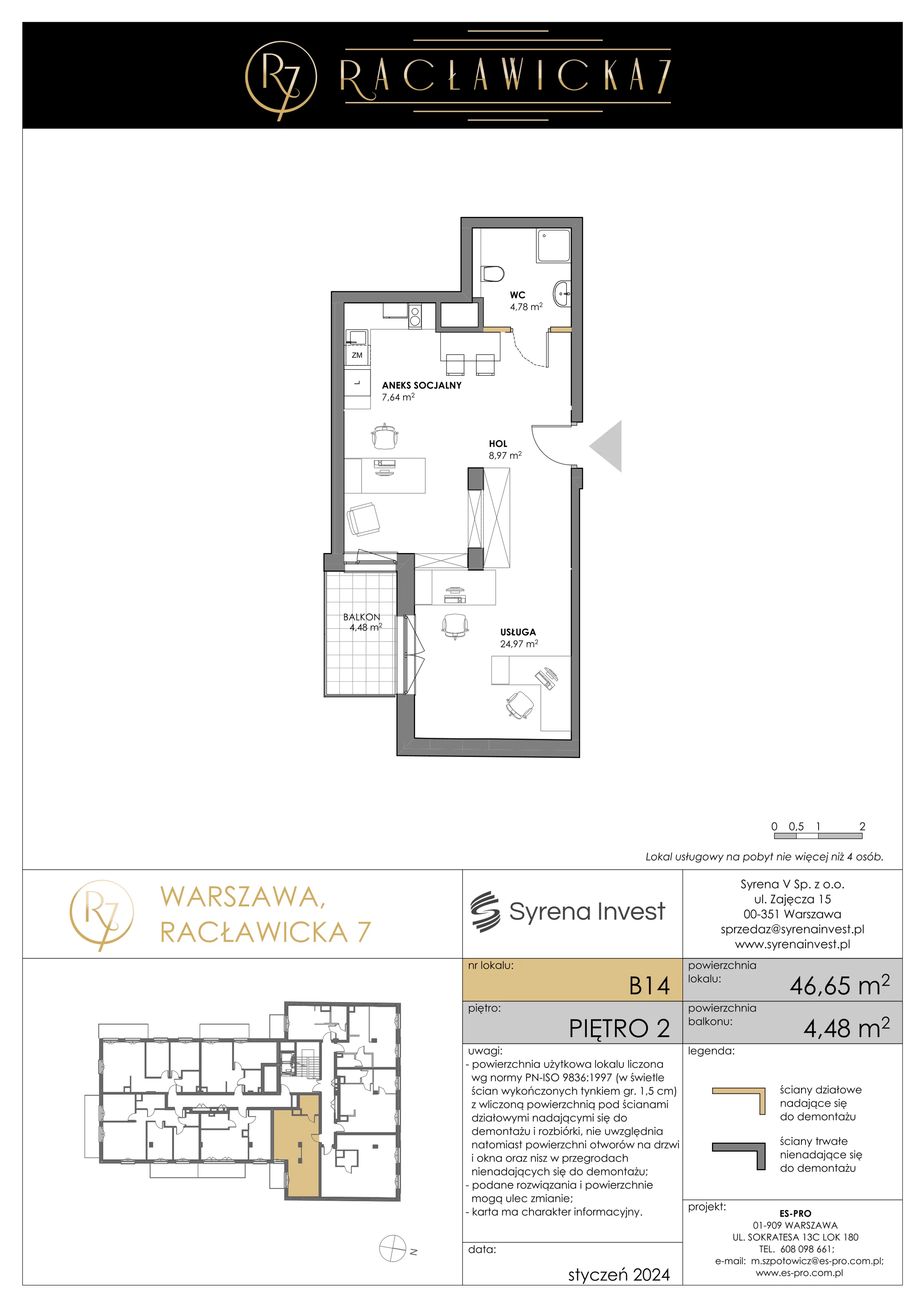 1 pokój, lokal inwestycyjny 46,65 m², piętro 2, oferta nr B14, Racławicka 7 - lokale inwestycyjne, Warszawa, Mokotów, Stary Mokotów, ul. Racławicka 7