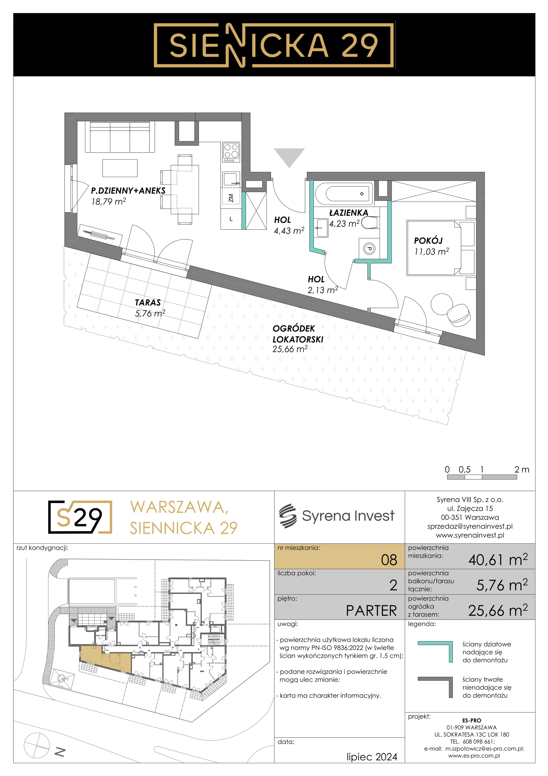 2 pokoje, mieszkanie 40,61 m², parter, oferta nr 8, Siennicka 29, Warszawa, Praga Południe, Grochów, ul. Siennicka 29