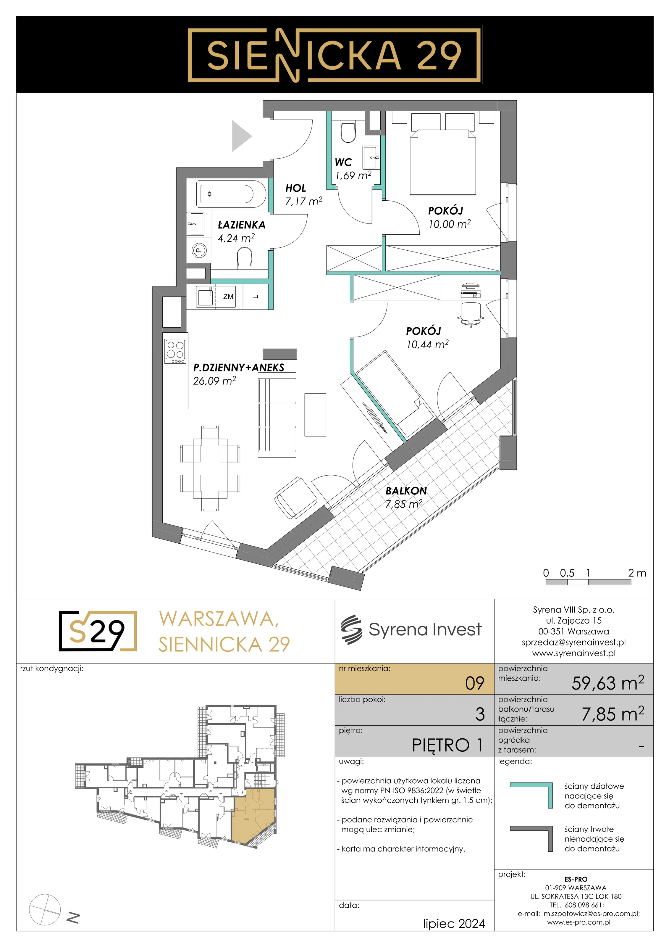 3 pokoje, mieszkanie 59,63 m², piętro 1, oferta nr 9, Siennicka 29, Warszawa, Praga Południe, Grochów, ul. Siennicka 29