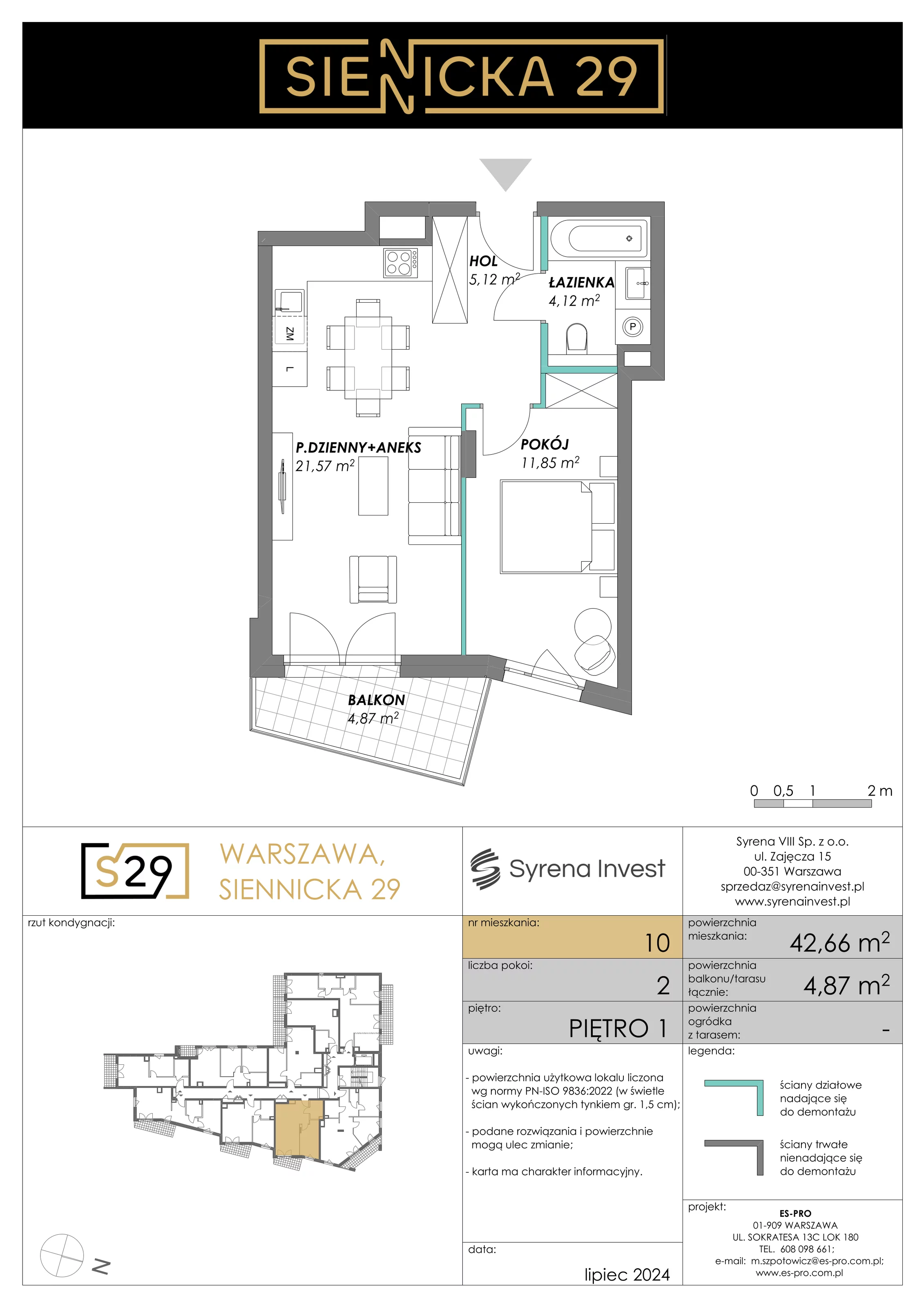 2 pokoje, mieszkanie 42,66 m², piętro 1, oferta nr 10, Siennicka 29, Warszawa, Praga Południe, Grochów, ul. Siennicka 29
