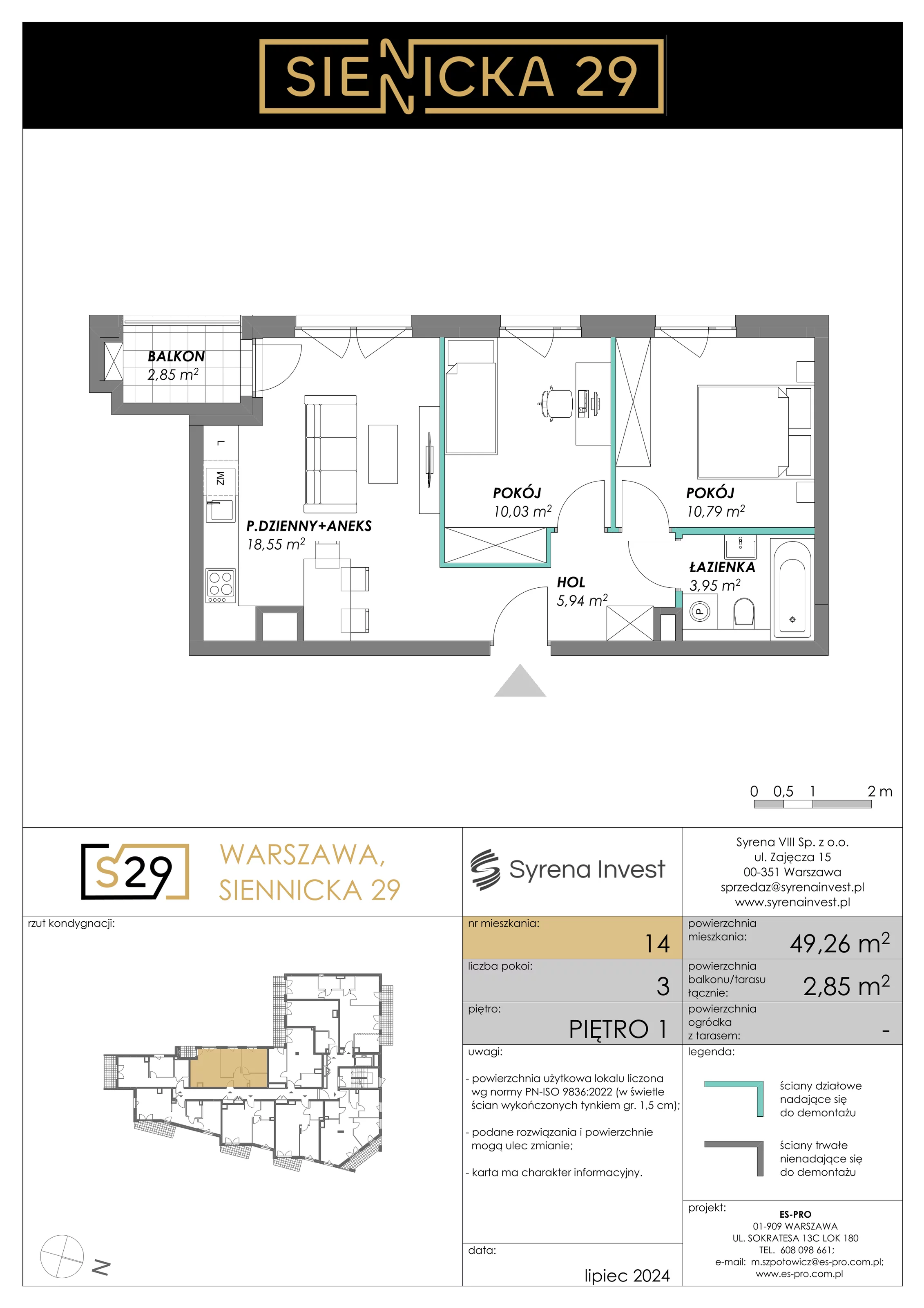 3 pokoje, mieszkanie 49,26 m², piętro 1, oferta nr 14, Siennicka 29, Warszawa, Praga Południe, Grochów, ul. Siennicka 29