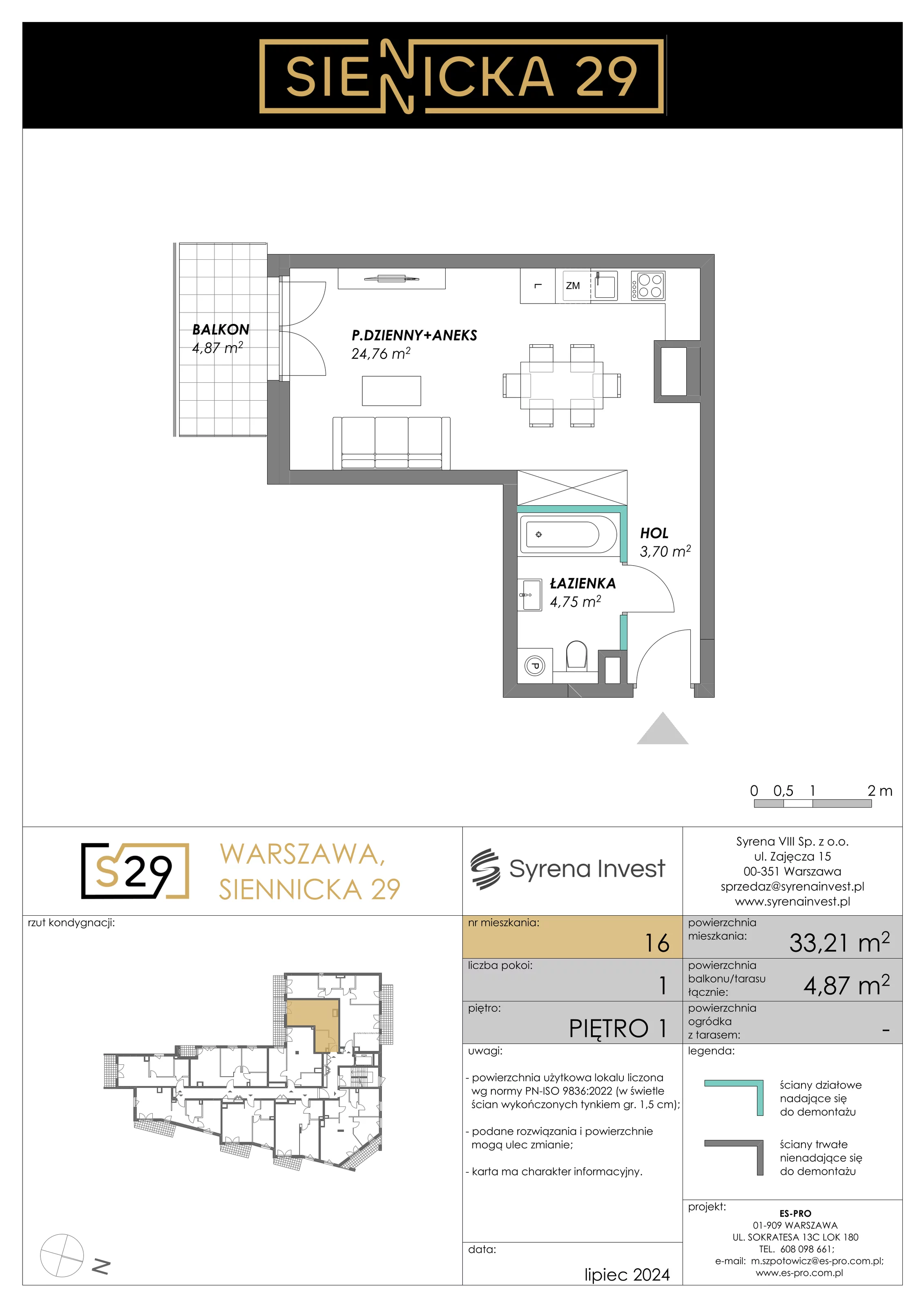 1 pokój, mieszkanie 33,21 m², piętro 1, oferta nr 16, Siennicka 29, Warszawa, Praga Południe, Grochów, ul. Siennicka 29