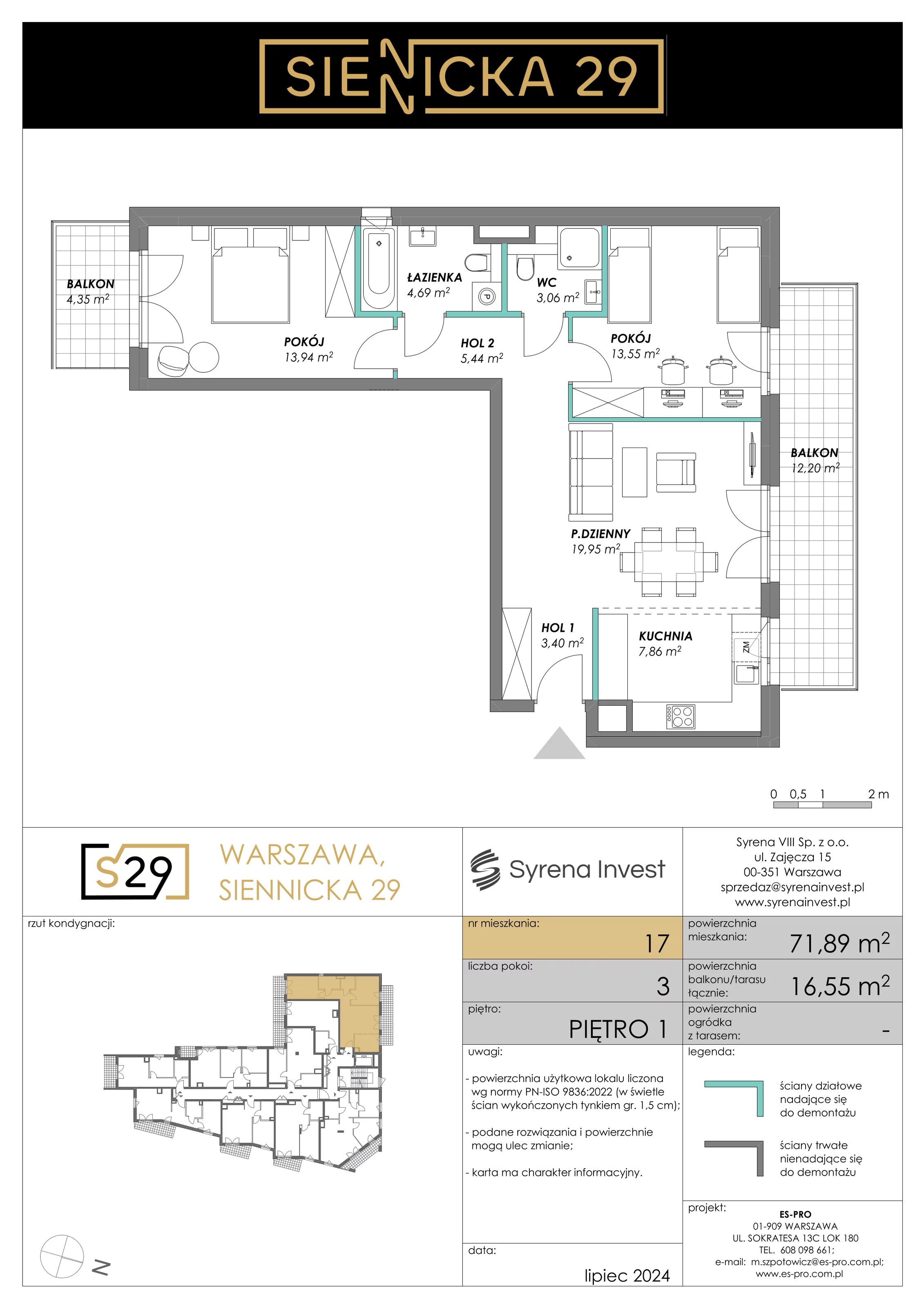 3 pokoje, mieszkanie 71,89 m², piętro 1, oferta nr 17, Siennicka 29, Warszawa, Praga Południe, Grochów, ul. Siennicka 29