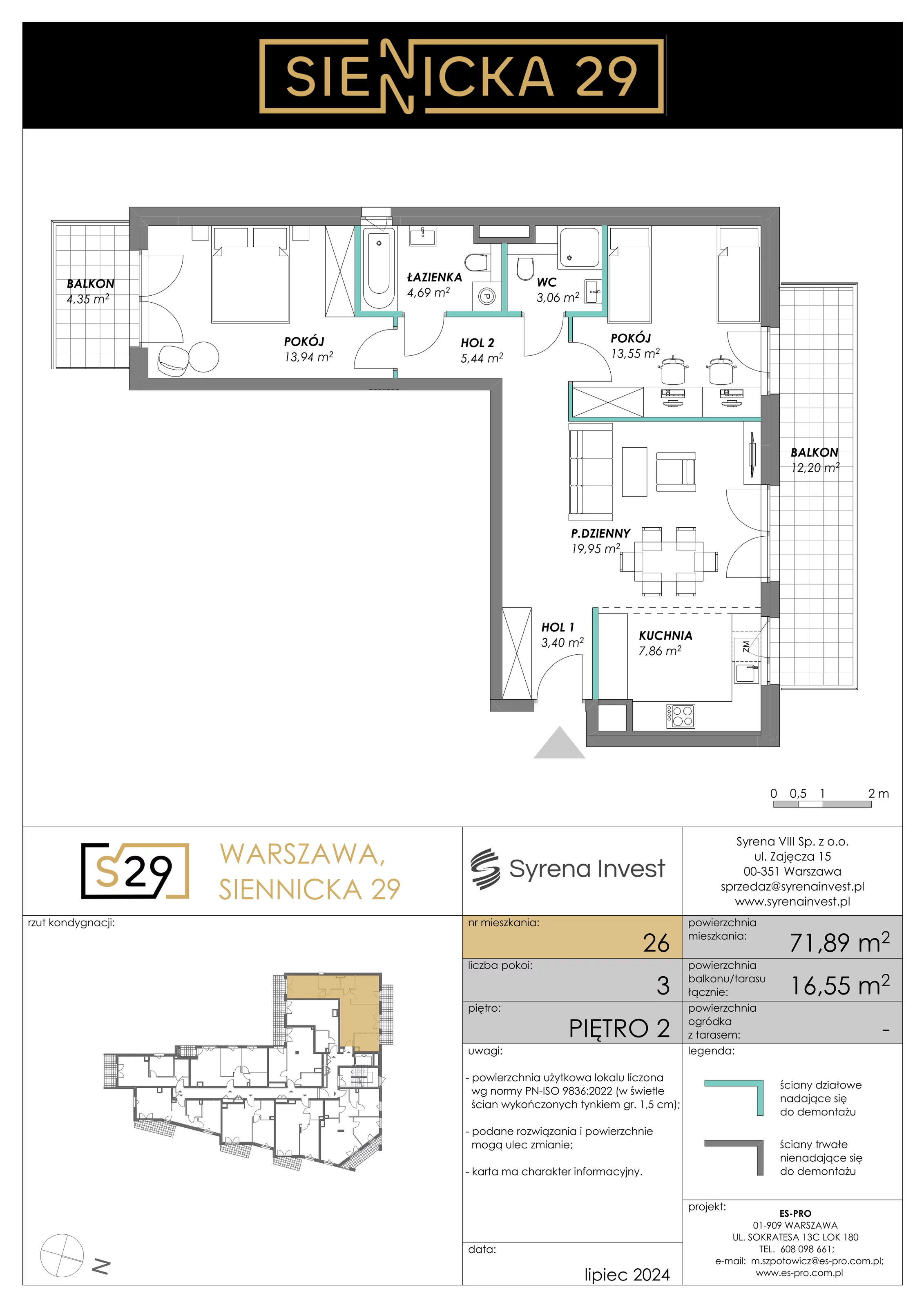 3 pokoje, mieszkanie 71,89 m², piętro 2, oferta nr 26, Siennicka 29, Warszawa, Praga Południe, Grochów, ul. Siennicka 29