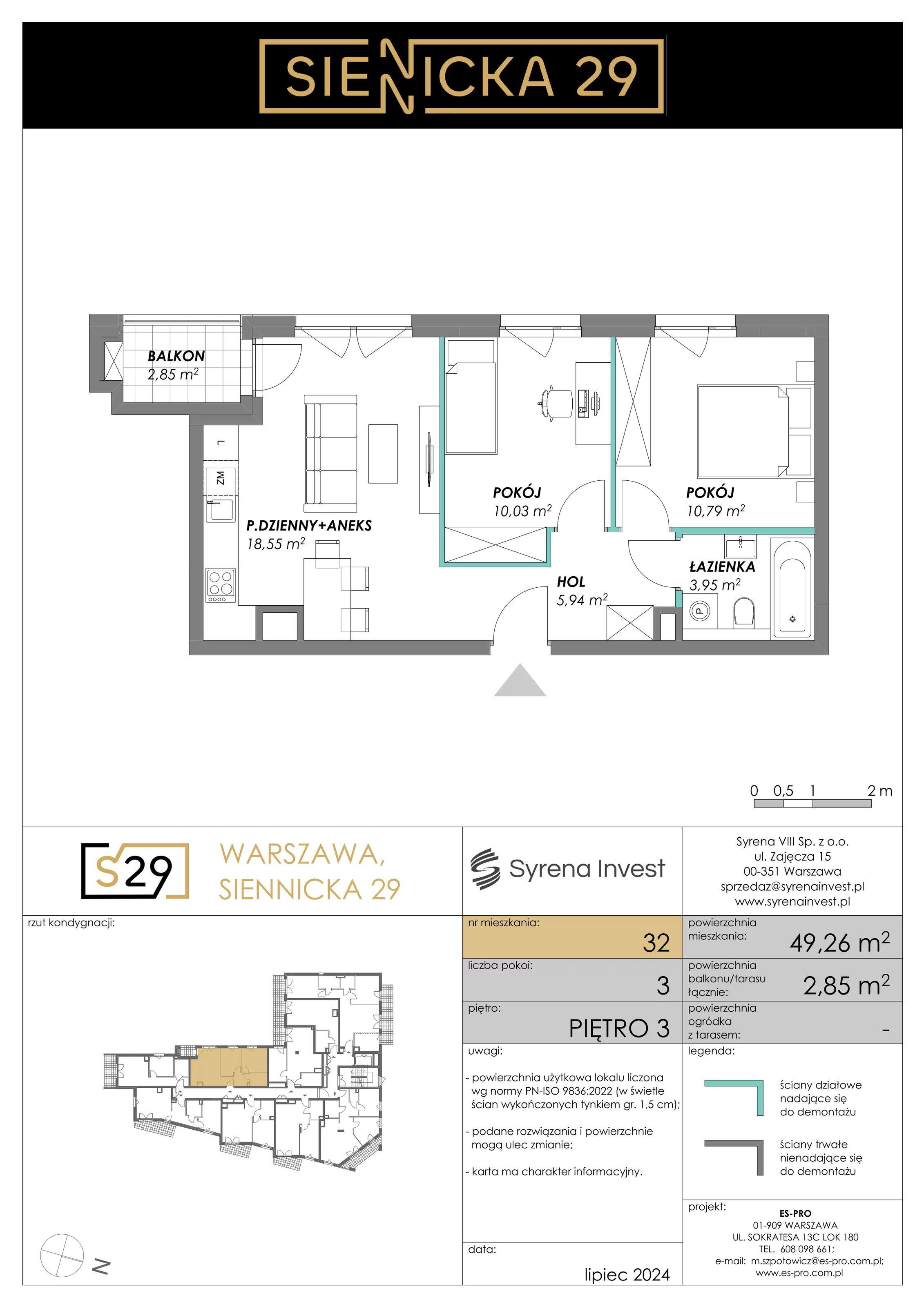 3 pokoje, mieszkanie 49,26 m², piętro 3, oferta nr 32, Siennicka 29, Warszawa, Praga Południe, Grochów, ul. Siennicka 29