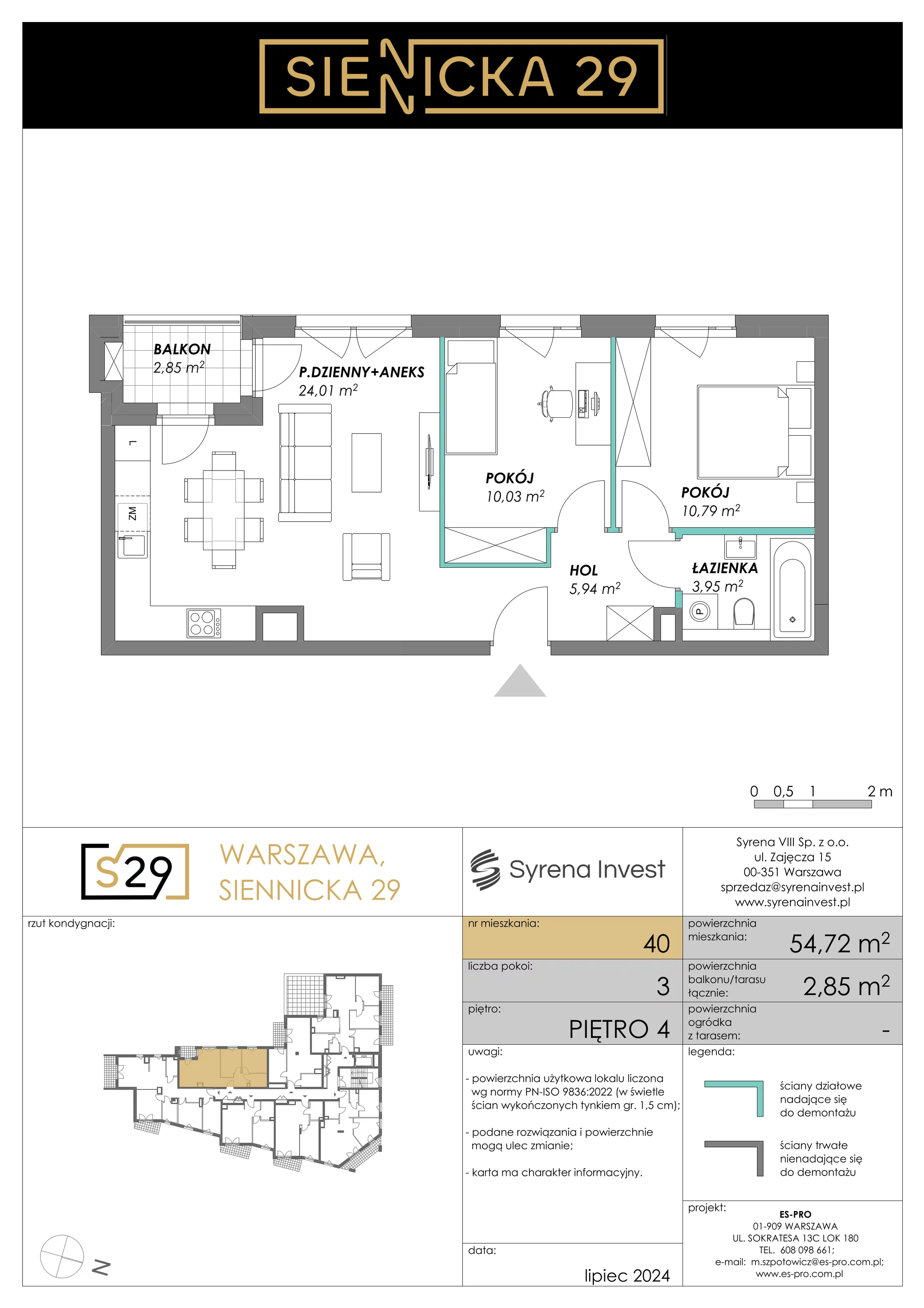 3 pokoje, mieszkanie 54,72 m², piętro 4, oferta nr 40, Siennicka 29, Warszawa, Praga Południe, Grochów, ul. Siennicka 29