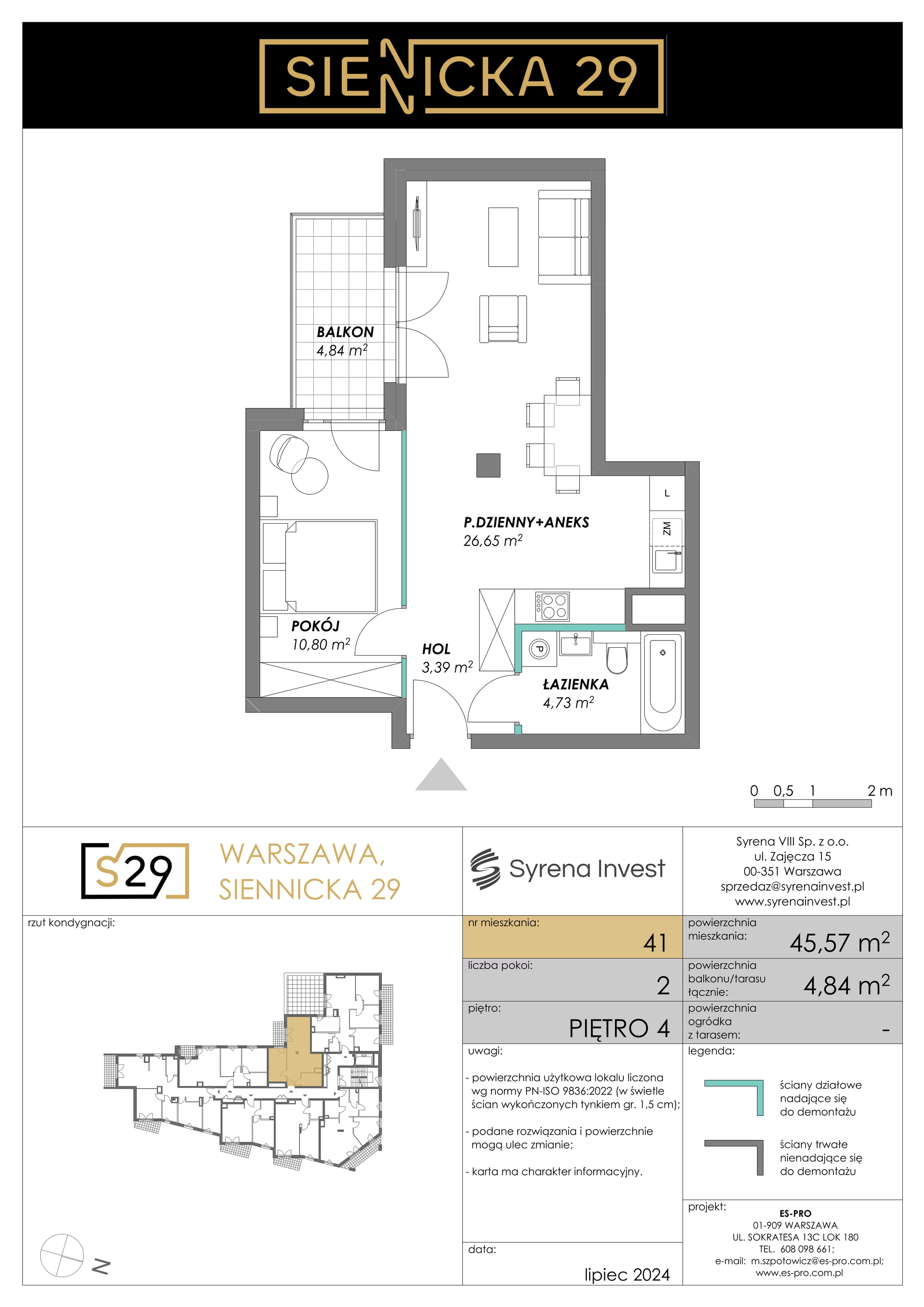 2 pokoje, mieszkanie 45,57 m², piętro 4, oferta nr 41, Siennicka 29, Warszawa, Praga Południe, Grochów, ul. Siennicka 29