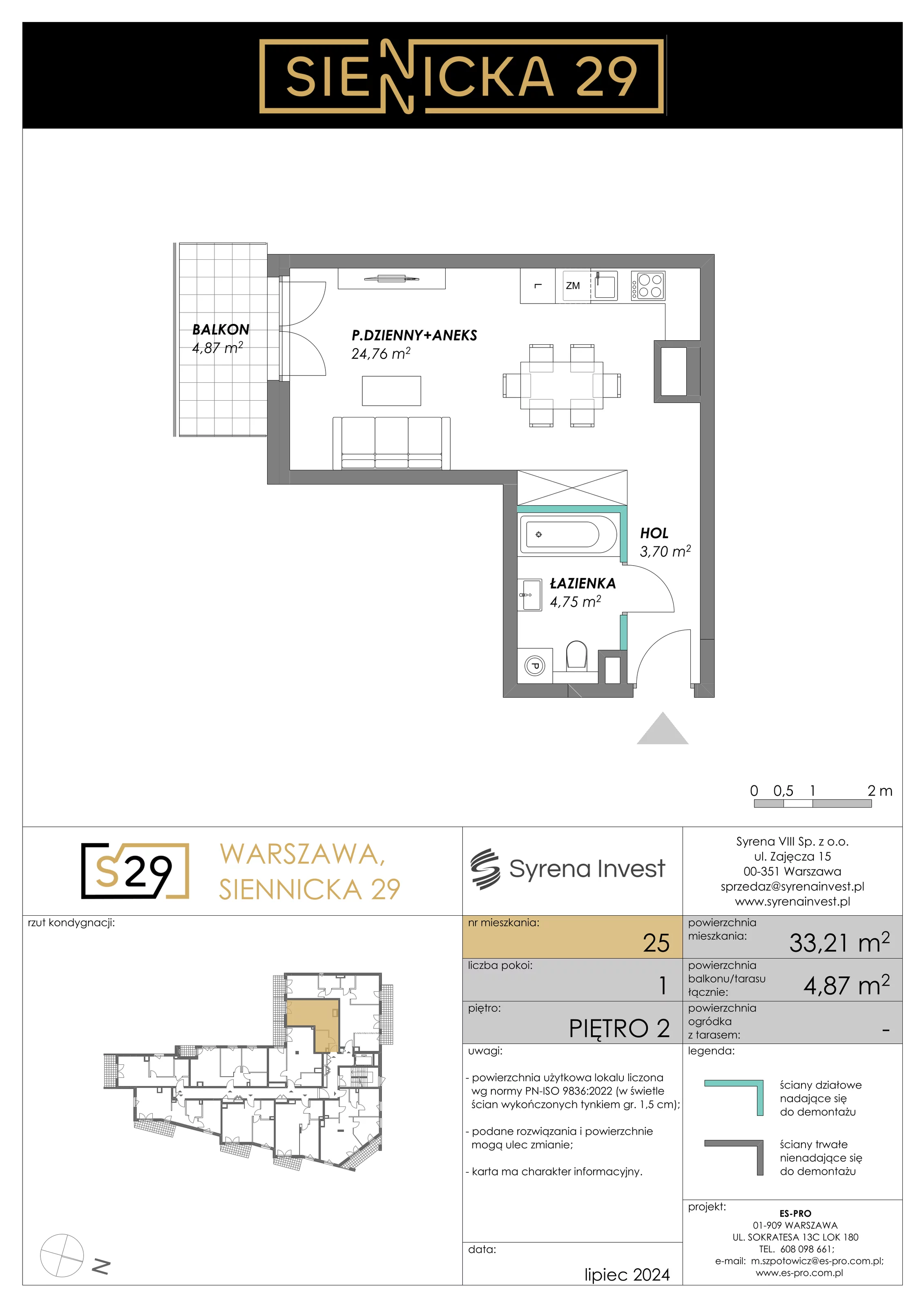 1 pokój, mieszkanie 33,21 m², piętro 2, oferta nr 25, Siennicka 29, Warszawa, Praga Południe, Grochów, ul. Siennicka 29