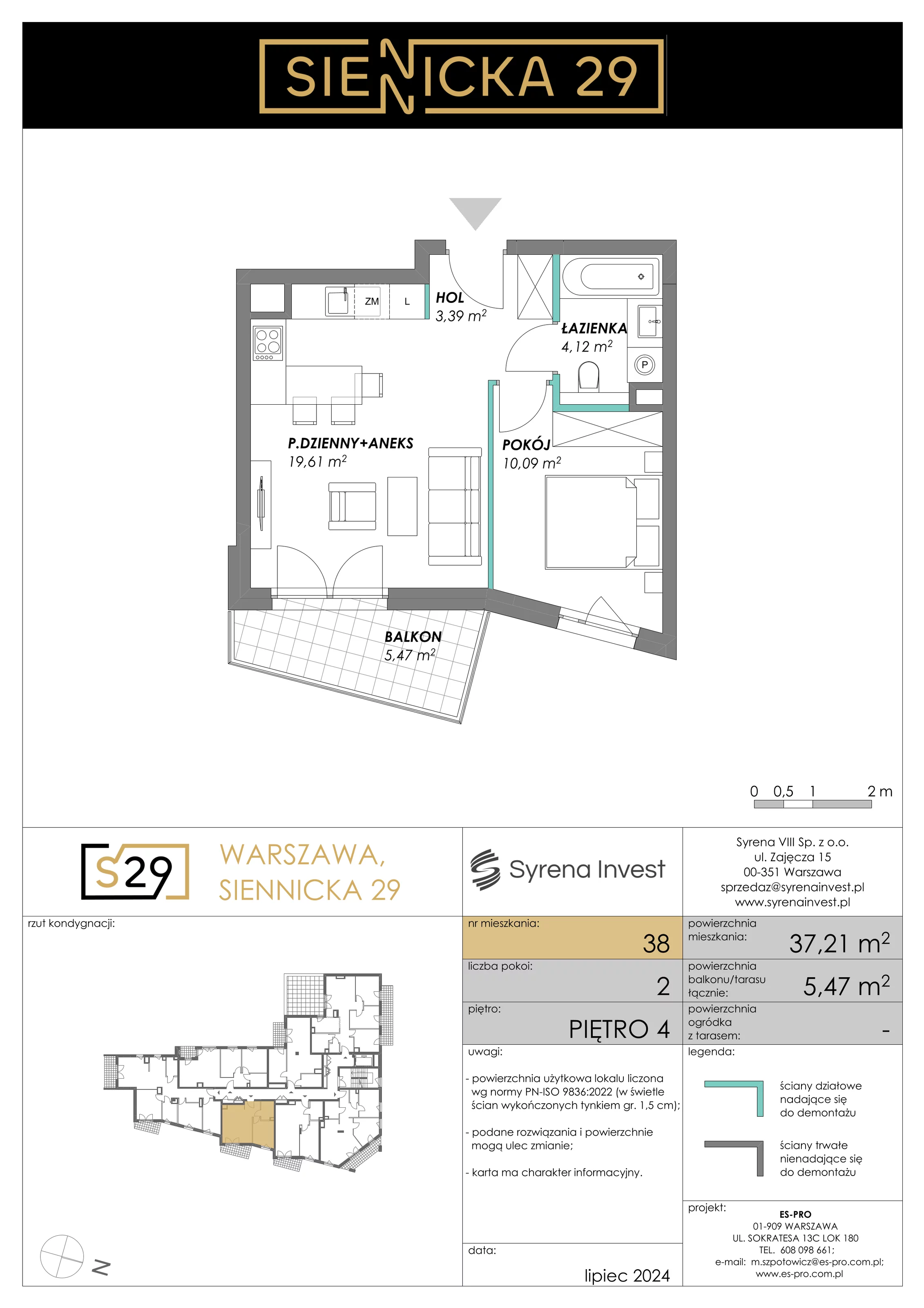 2 pokoje, mieszkanie 37,21 m², piętro 4, oferta nr 38, Siennicka 29, Warszawa, Praga Południe, Grochów, ul. Siennicka 29