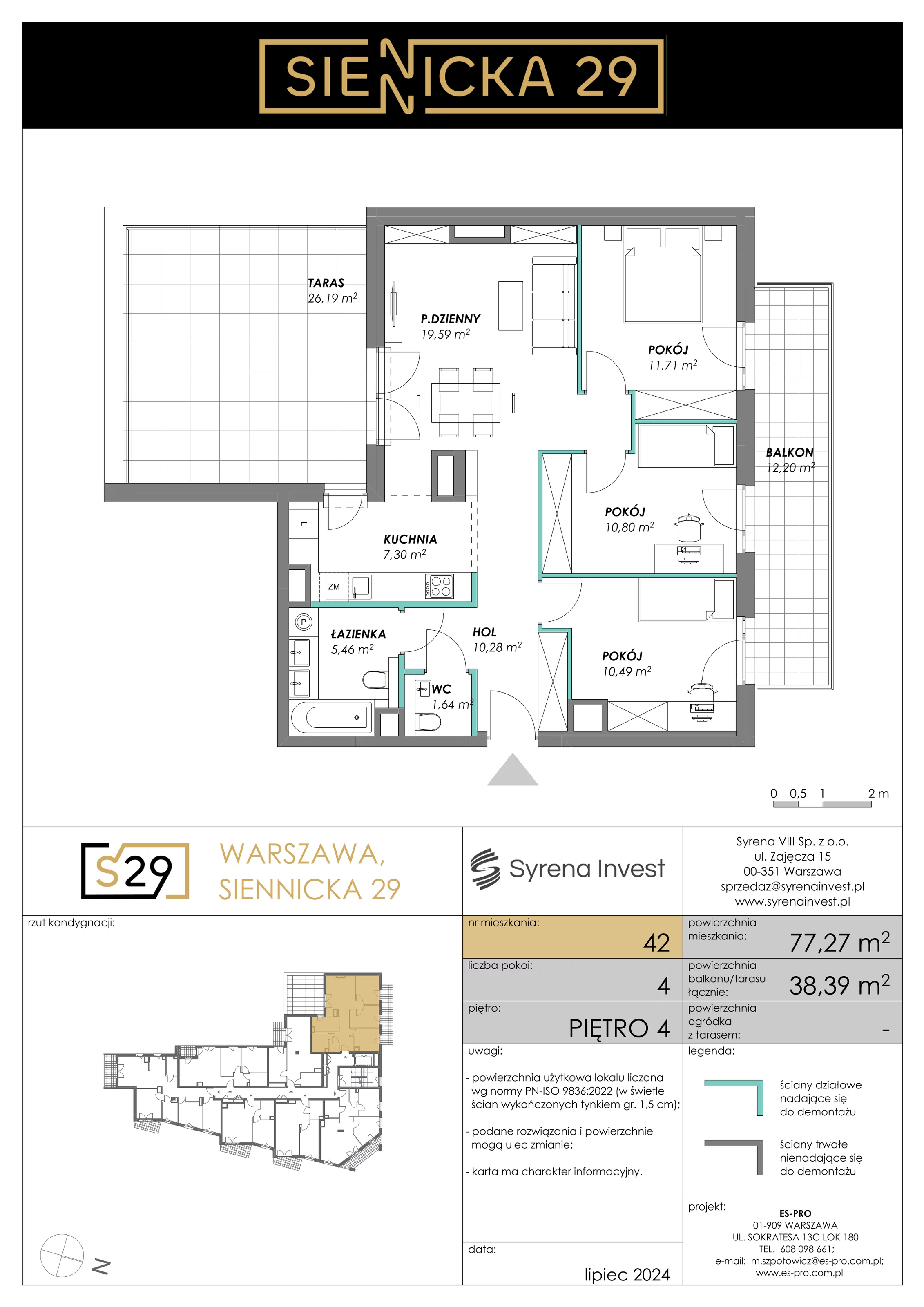 4 pokoje, mieszkanie 77,27 m², piętro 4, oferta nr 42, Siennicka 29, Warszawa, Praga Południe, Grochów, ul. Siennicka 29