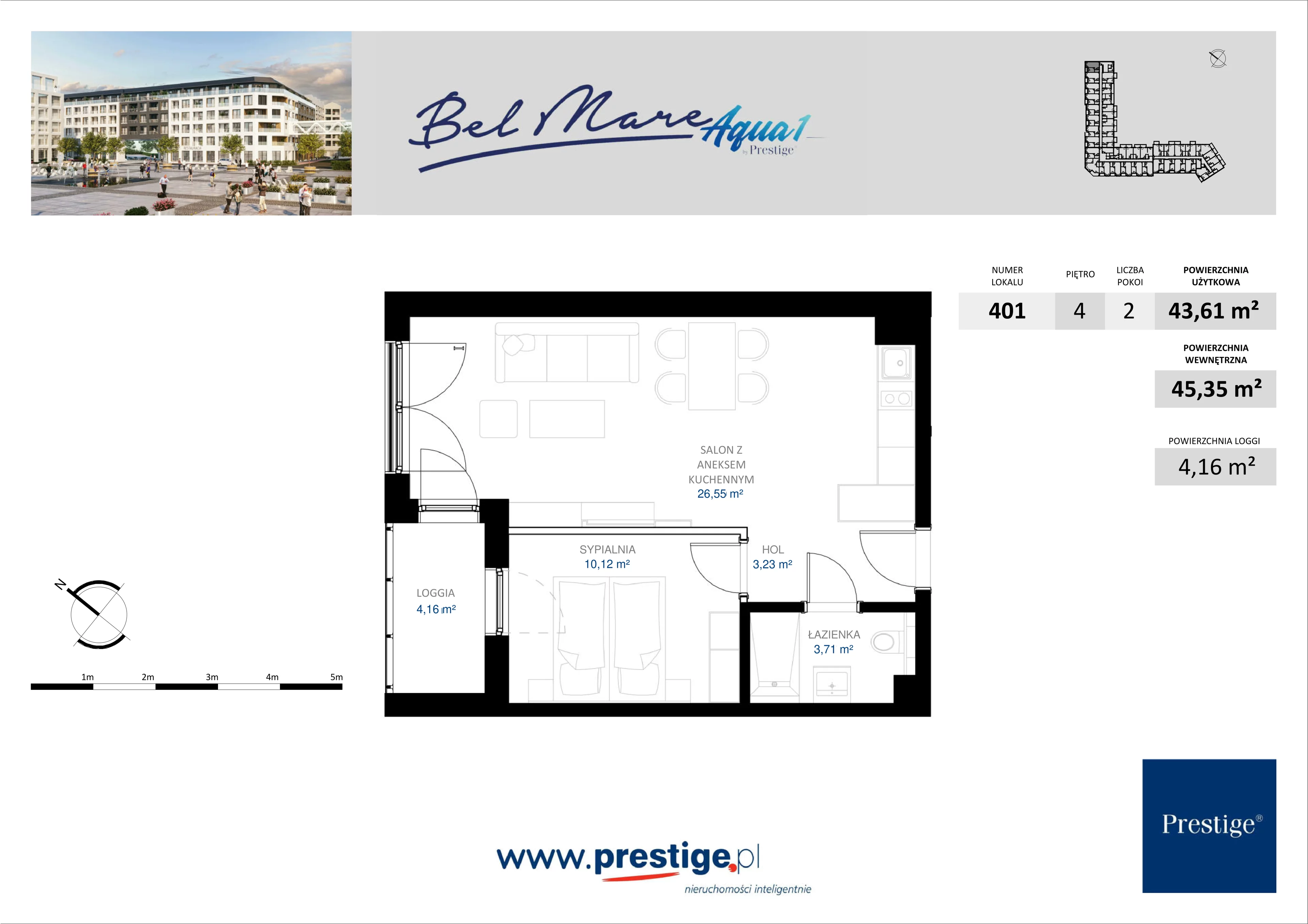2 pokoje, apartament 45,35 m², piętro 4, oferta nr AQUA-1-401, Bel Mare, Międzyzdroje, ul. Nowomyśliwska