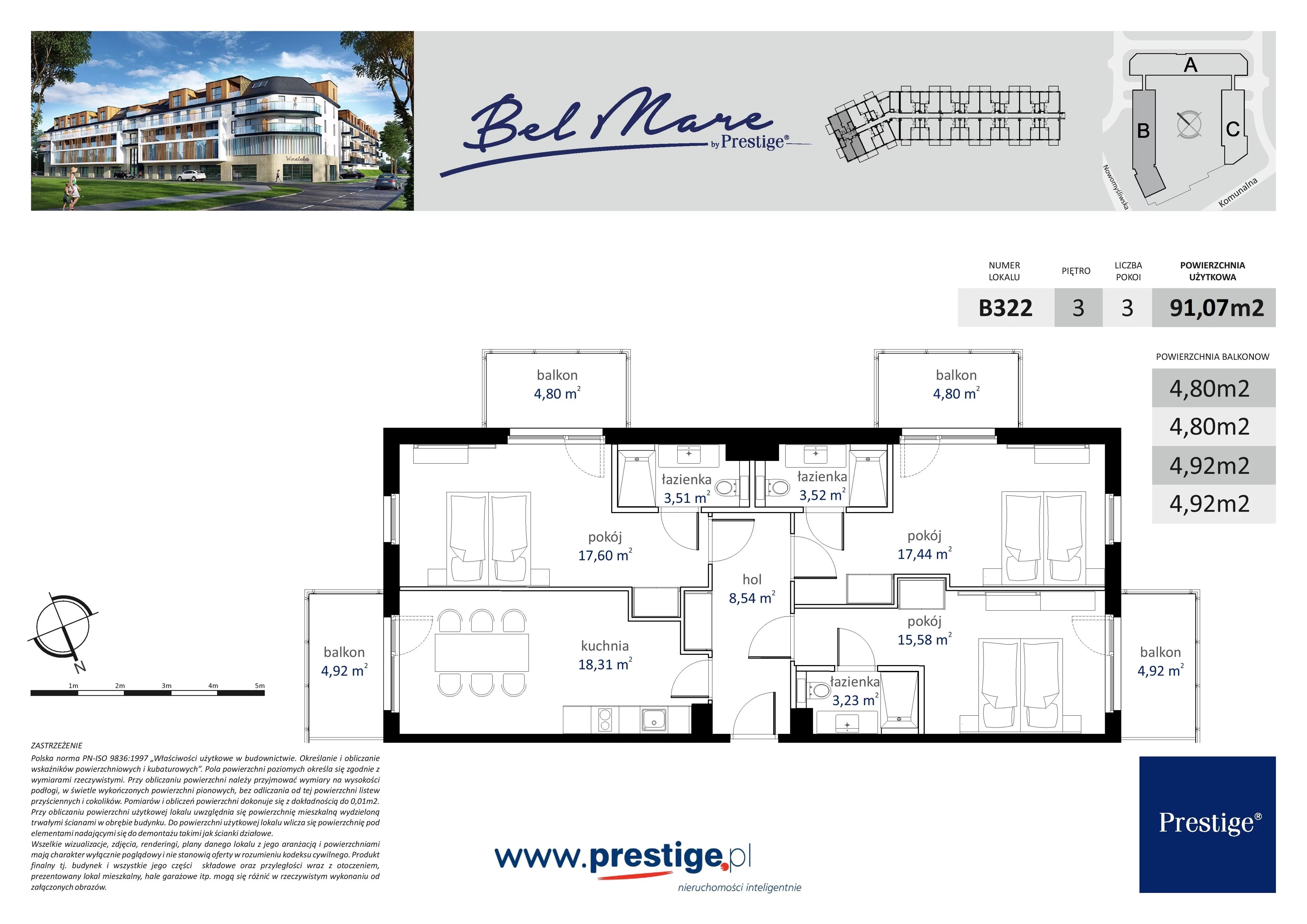 3 pokoje, apartament 91,07 m², piętro 3, oferta nr B322, Bel Mare, Międzyzdroje, ul. Nowomyśliwska