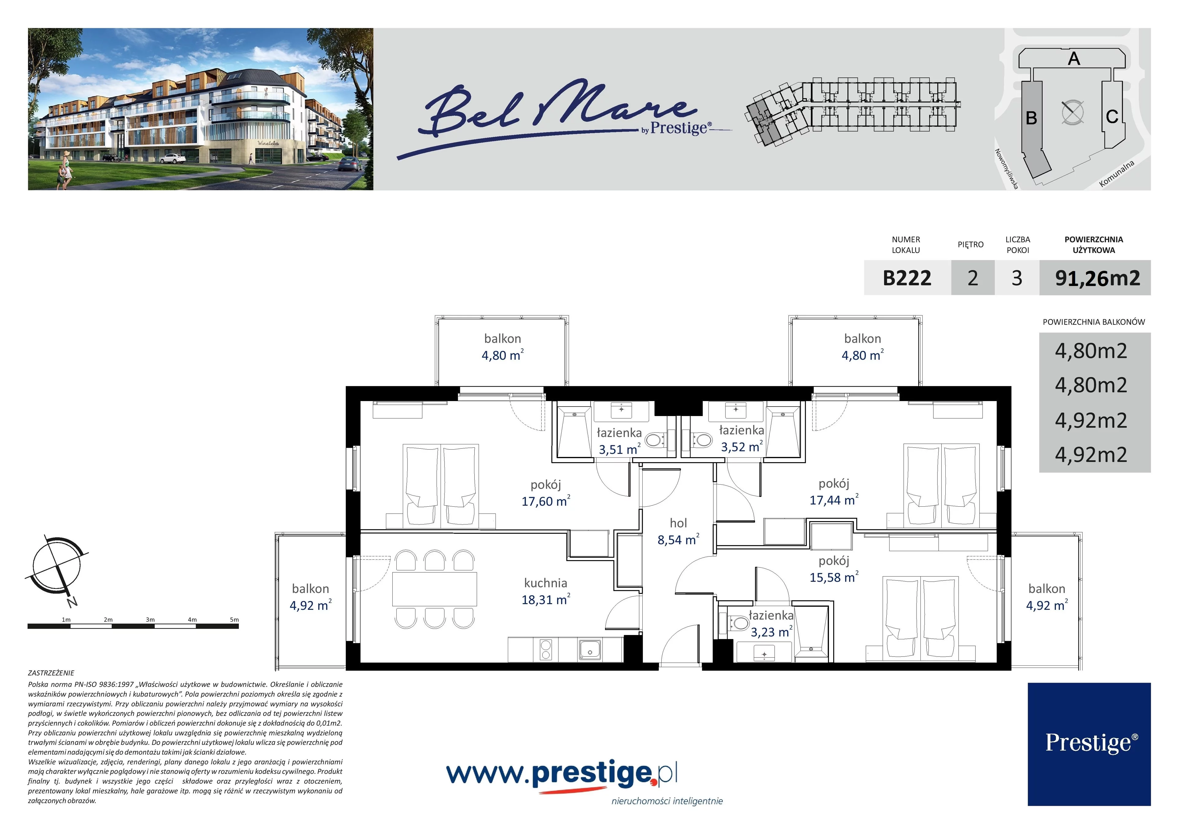 3 pokoje, apartament 91,26 m², piętro 2, oferta nr B222, Bel Mare, Międzyzdroje, ul. Nowomyśliwska