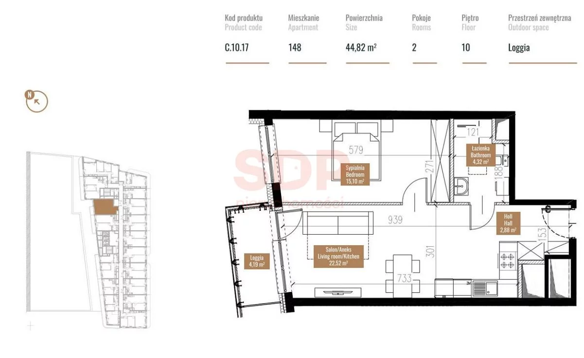 Mieszkanie na sprzedaż, 44,82 m², 2 pokoje, 10 piętro, oferta nr 36529