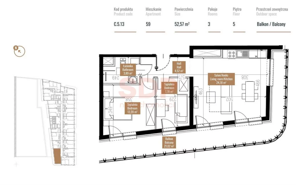 Mieszkanie na sprzedaż, 52,57 m², 3 pokoje, 5 piętro, oferta nr 36531