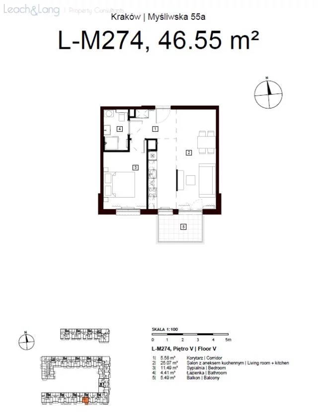 2 pokoje, mieszkanie 46,10 m², piętro 5, oferta nr , 7874, Kraków, Podgórze, Myśliwska