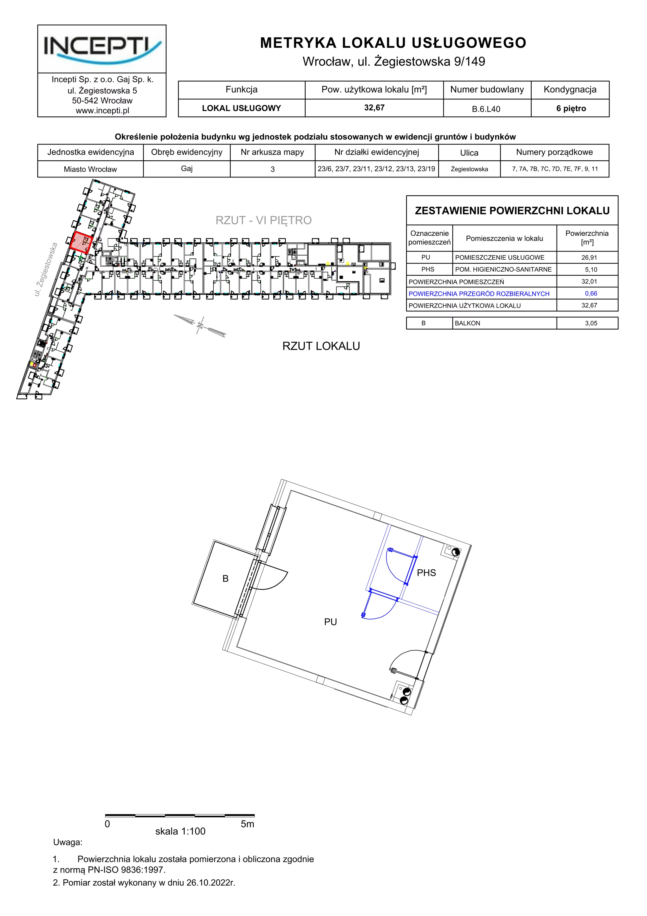 1 pokój, lokal inwestycyjny 32,67 m², piętro 6, oferta nr 9/149, Incepti Gaj, Wrocław, Gaj, Krzyki, ul. Żegiestowska 5