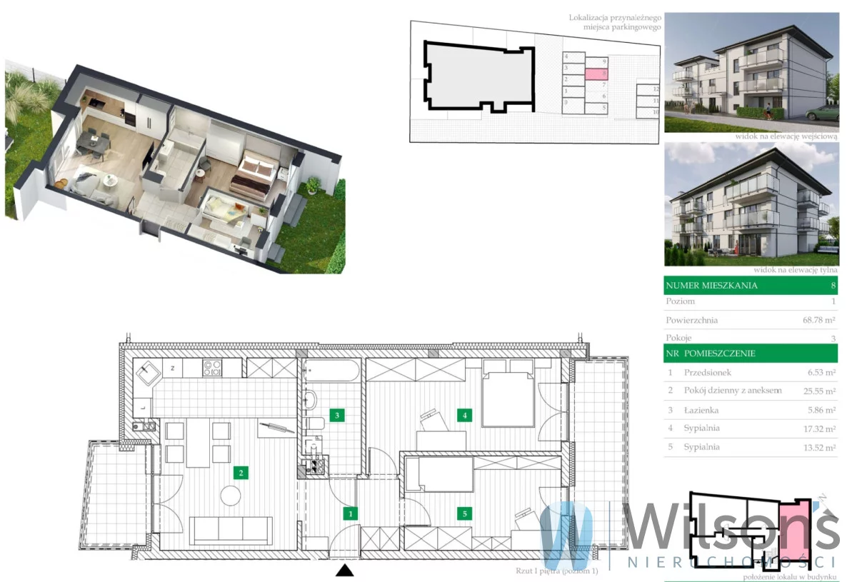 3 pokoje, mieszkanie 68,78 m², piętro 1, oferta nr , WIL982513, Marki, Promienna