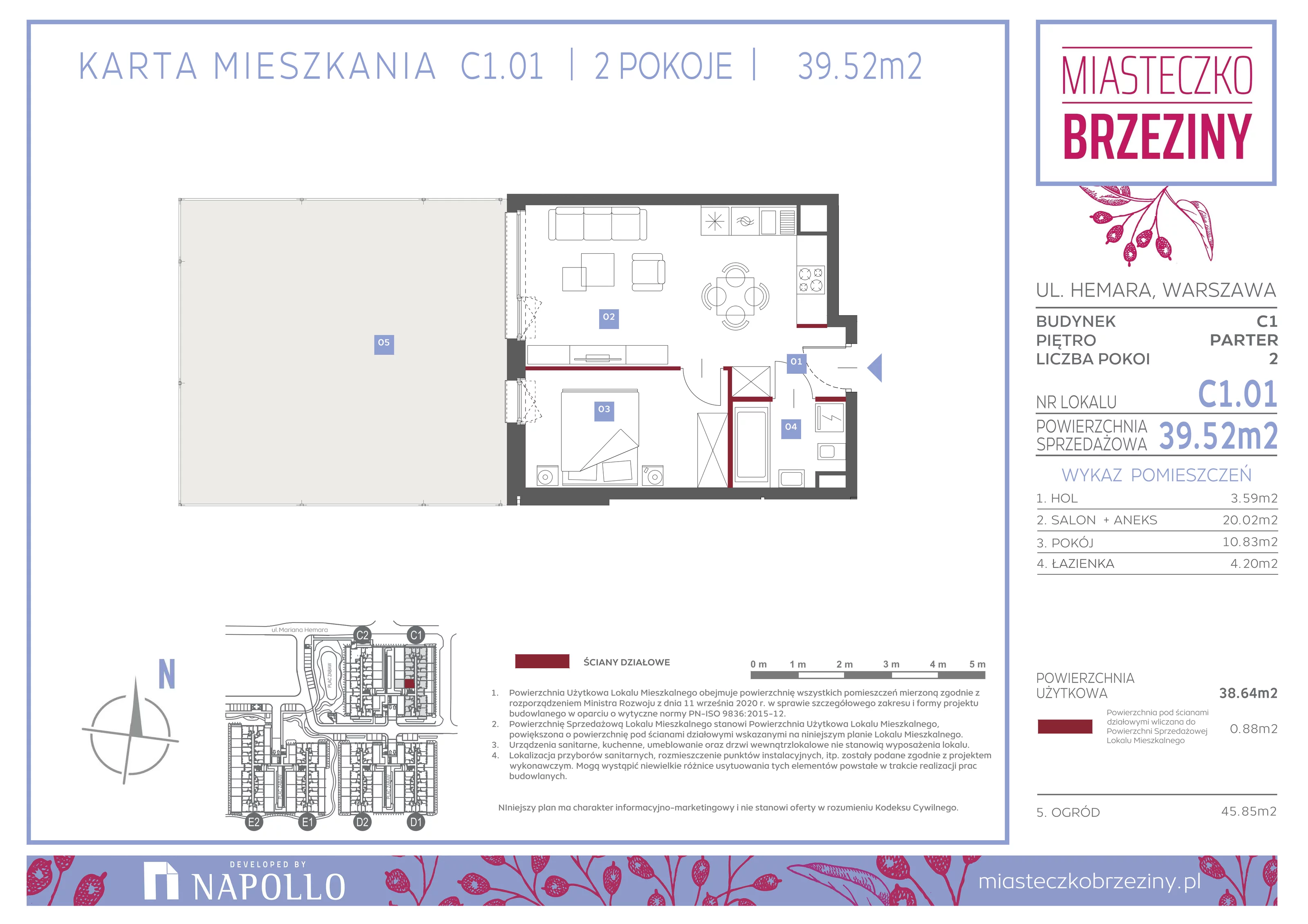 Mieszkanie 39,52 m², parter, oferta nr C1.01, Miasteczko Brzeziny II, Warszawa, Białołęka, Brzeziny, ul. Hemara