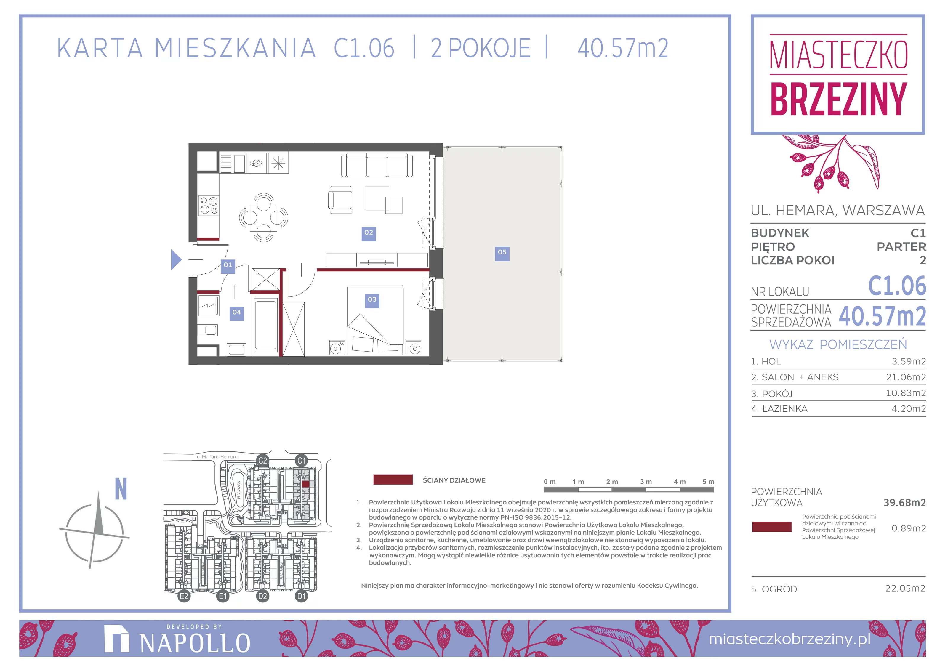 2 pokoje, mieszkanie 40,57 m², parter, oferta nr C1.06, Miasteczko Brzeziny II, Warszawa, Białołęka, Brzeziny, ul. Hemara