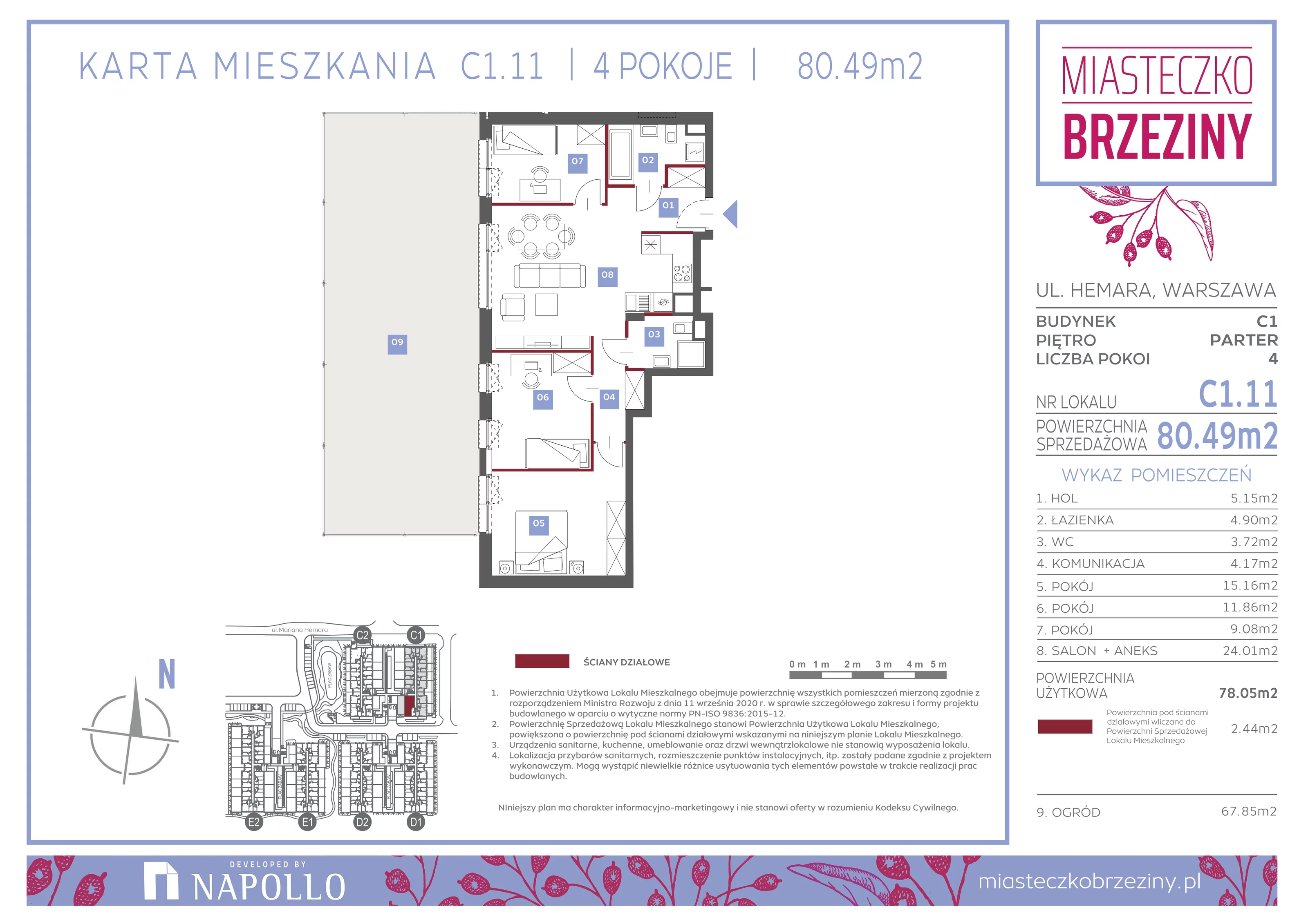 4 pokoje, mieszkanie 80,49 m², parter, oferta nr C1.11, Miasteczko Brzeziny II, Warszawa, Białołęka, Brzeziny, ul. Hemara