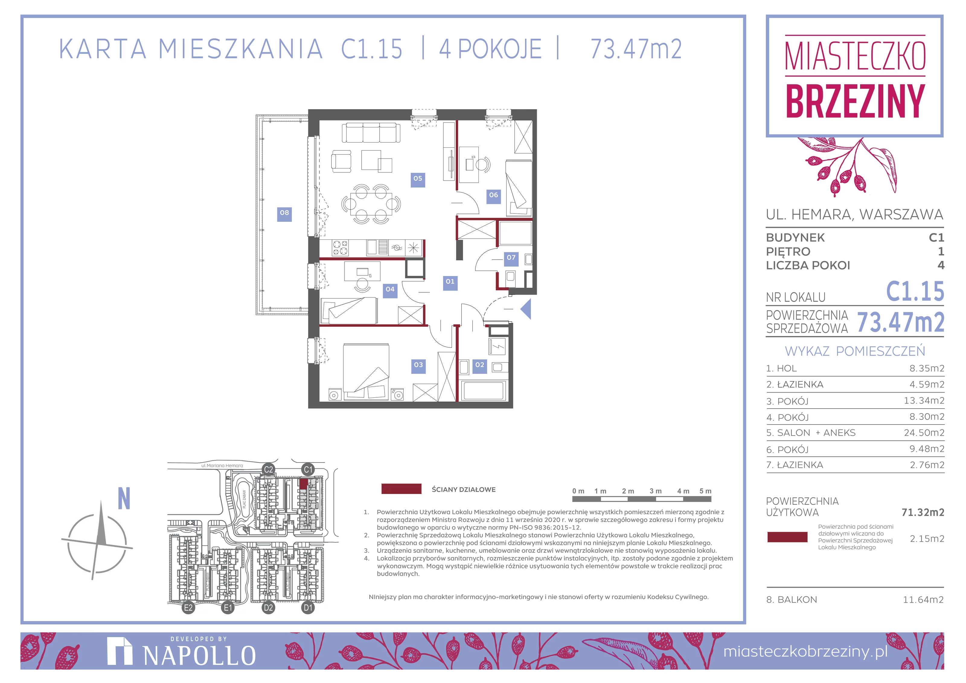 4 pokoje, mieszkanie 73,47 m², piętro 1, oferta nr C1.15, Miasteczko Brzeziny II, Warszawa, Białołęka, Brzeziny, ul. Hemara