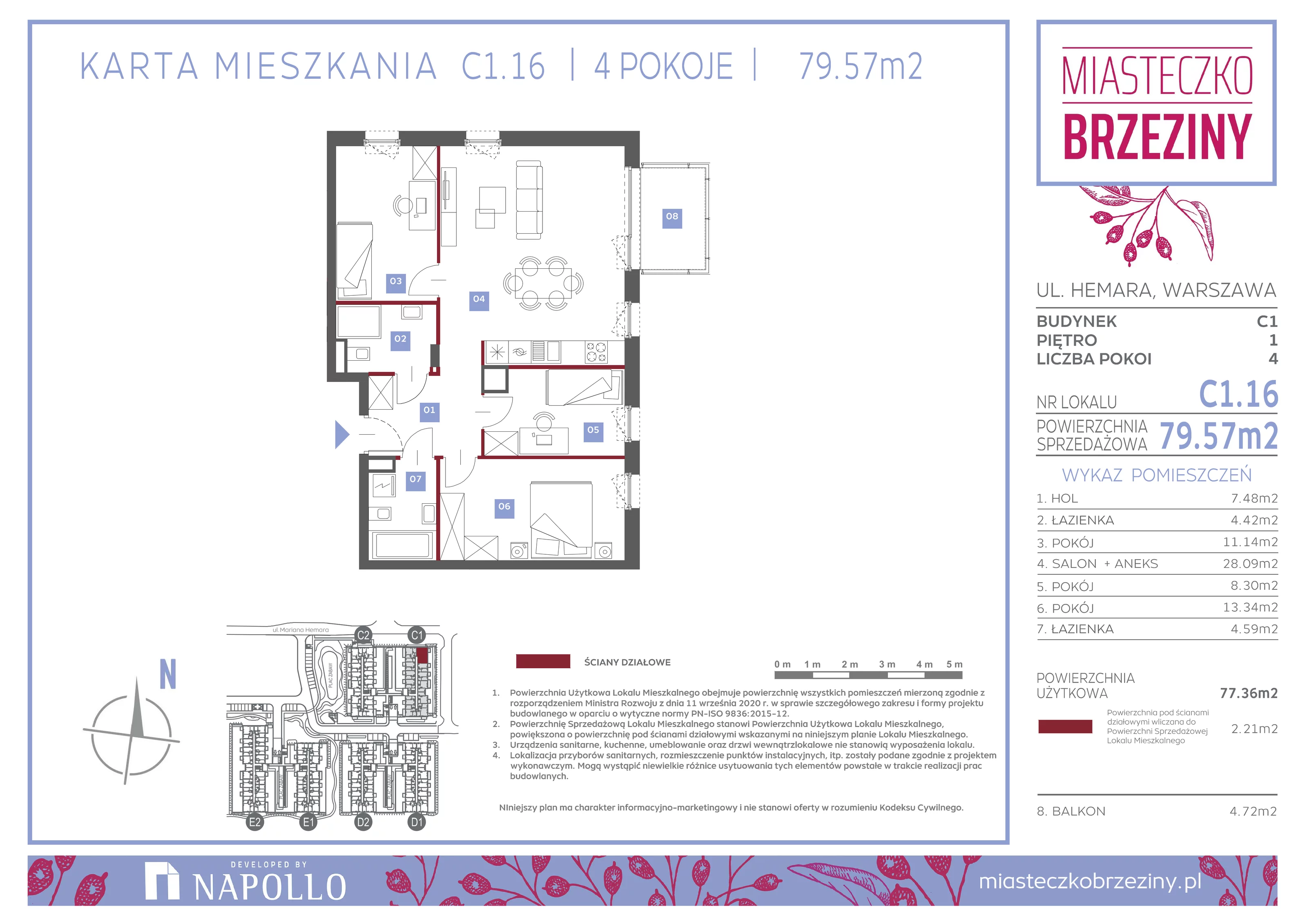 4 pokoje, mieszkanie 79,57 m², piętro 1, oferta nr C1.16, Miasteczko Brzeziny II, Warszawa, Białołęka, Brzeziny, ul. Hemara