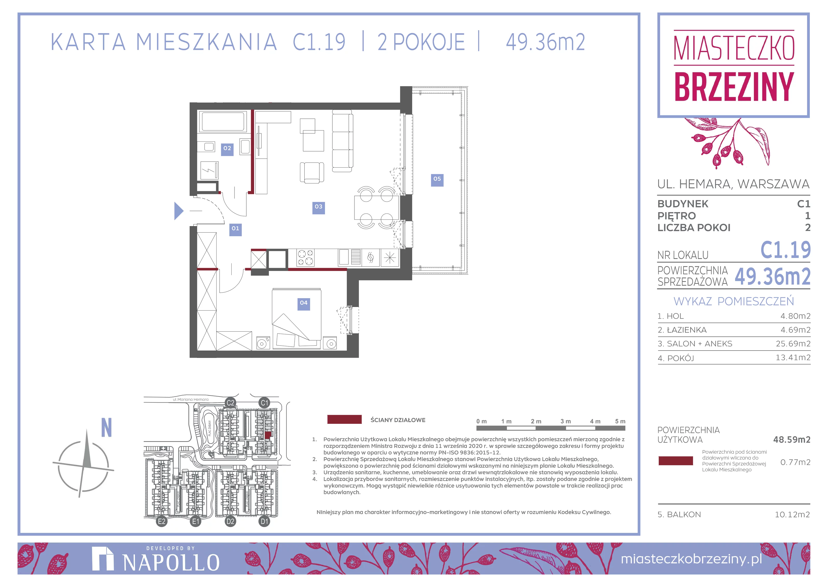 2 pokoje, mieszkanie 49,36 m², piętro 1, oferta nr C1.19, Miasteczko Brzeziny II, Warszawa, Białołęka, Brzeziny, ul. Hemara