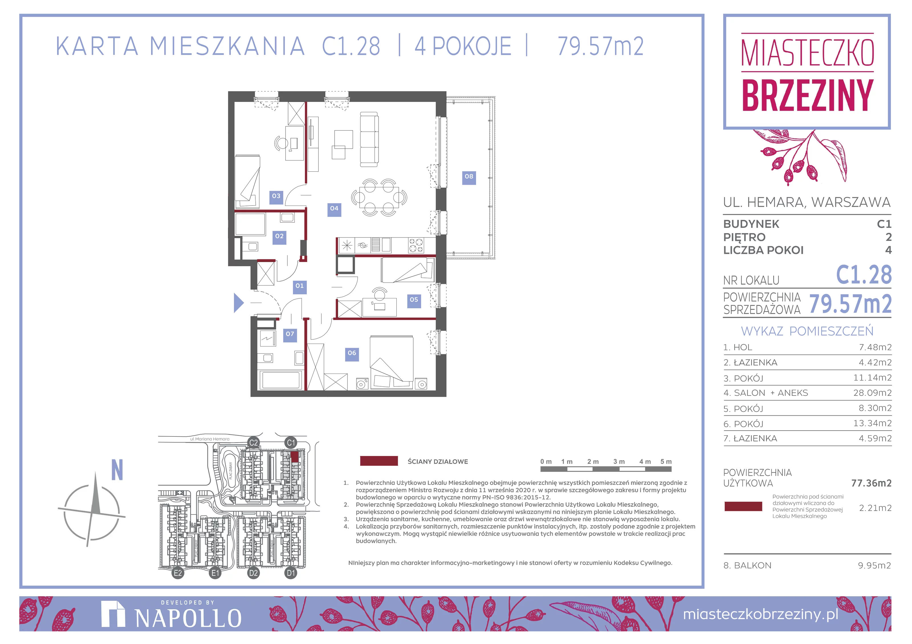 4 pokoje, mieszkanie 79,57 m², piętro 2, oferta nr C1.28, Miasteczko Brzeziny II, Warszawa, Białołęka, Brzeziny, ul. Hemara