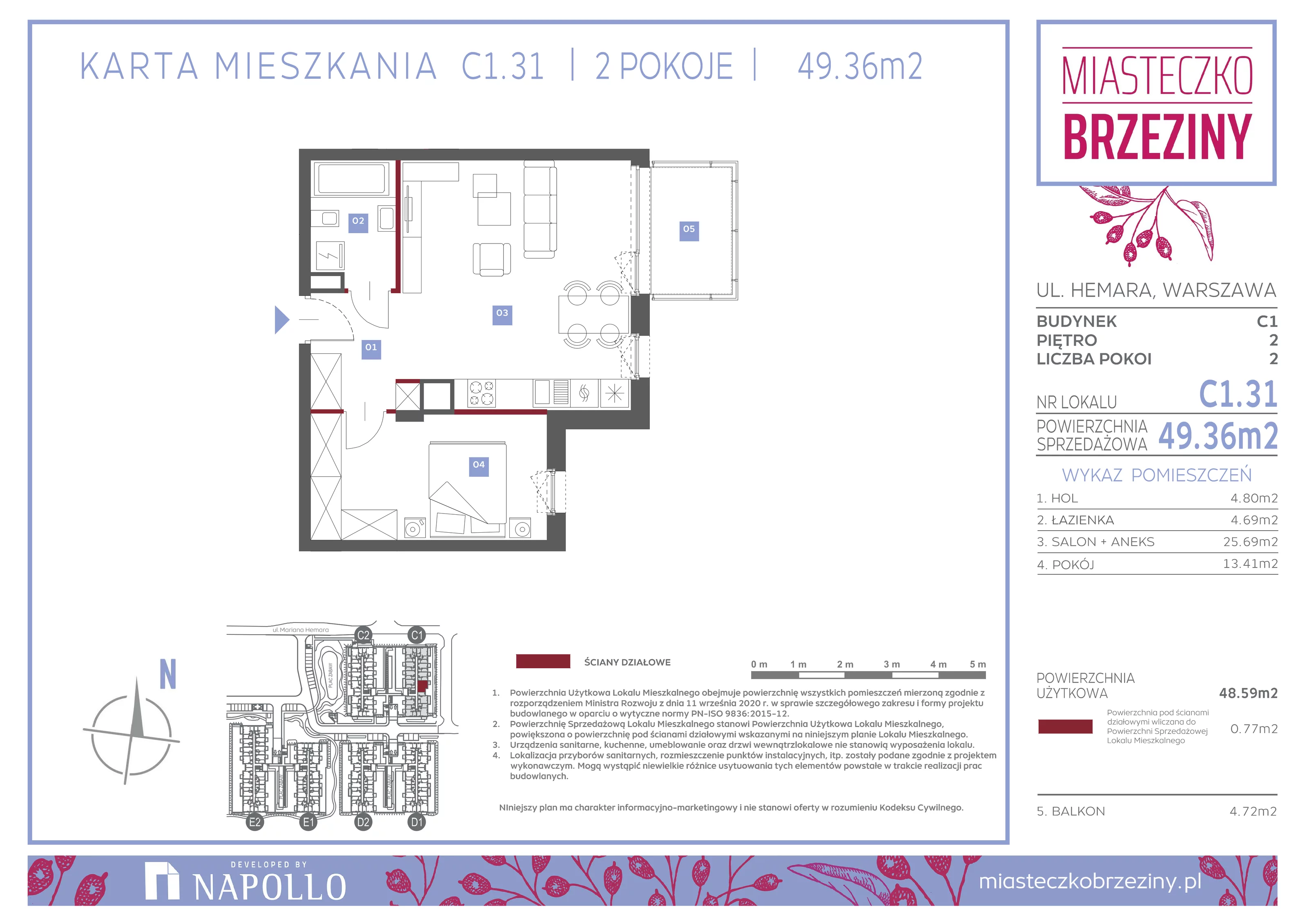 2 pokoje, mieszkanie 49,36 m², piętro 2, oferta nr C1.31, Miasteczko Brzeziny II, Warszawa, Białołęka, Brzeziny, ul. Hemara