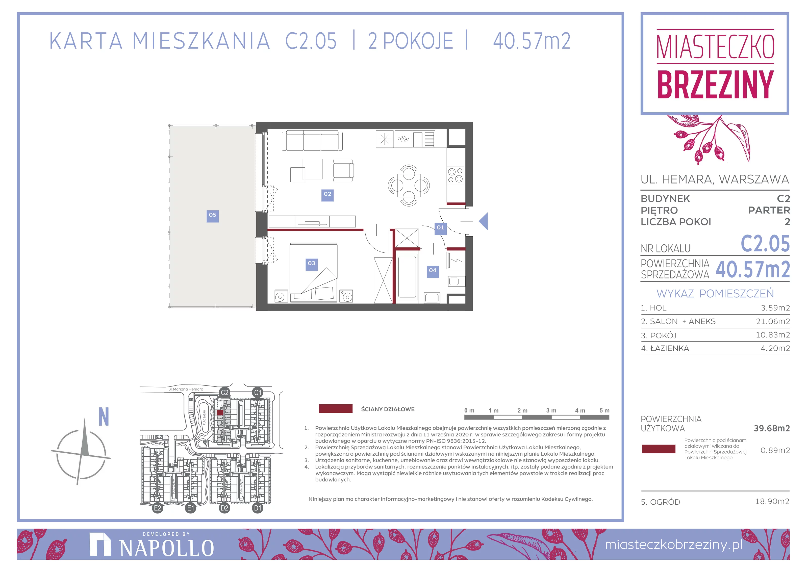 2 pokoje, mieszkanie 40,57 m², parter, oferta nr C2.05, Miasteczko Brzeziny II, Warszawa, Białołęka, Brzeziny, ul. Hemara