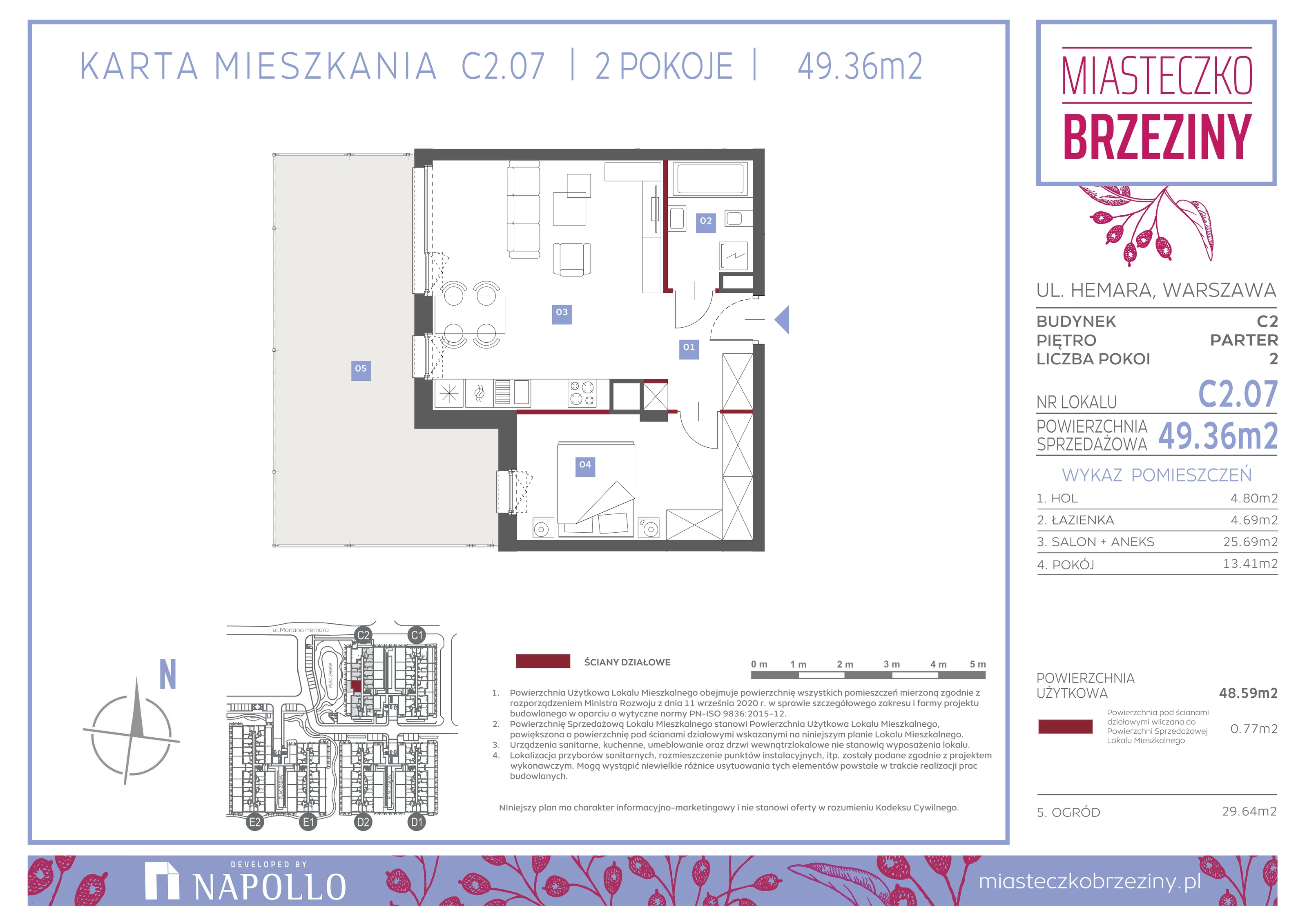 2 pokoje, mieszkanie 49,36 m², parter, oferta nr C2.07, Miasteczko Brzeziny II, Warszawa, Białołęka, Brzeziny, ul. Hemara