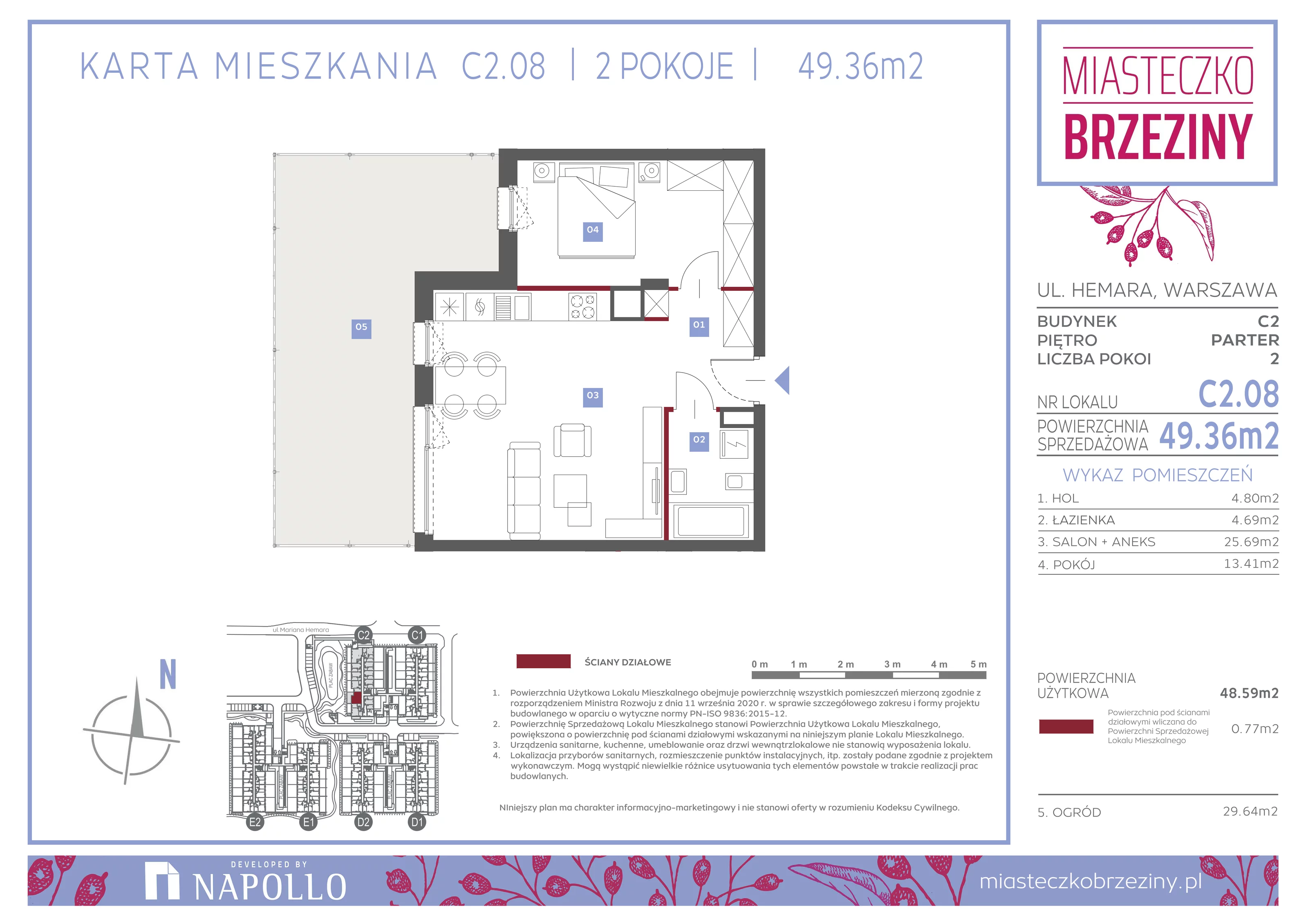 2 pokoje, mieszkanie 49,36 m², parter, oferta nr C2.08, Miasteczko Brzeziny II, Warszawa, Białołęka, Brzeziny, ul. Hemara