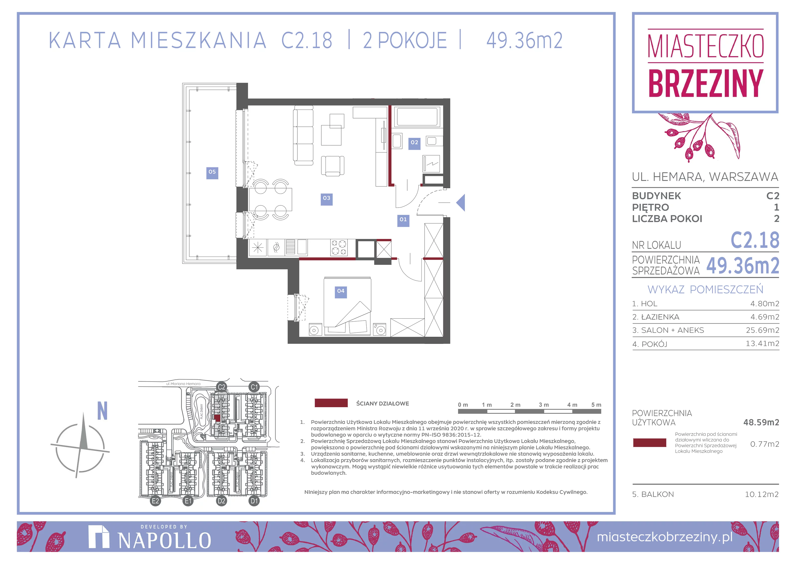 2 pokoje, mieszkanie 49,36 m², piętro 1, oferta nr C2.18, Miasteczko Brzeziny II, Warszawa, Białołęka, Brzeziny, ul. Hemara