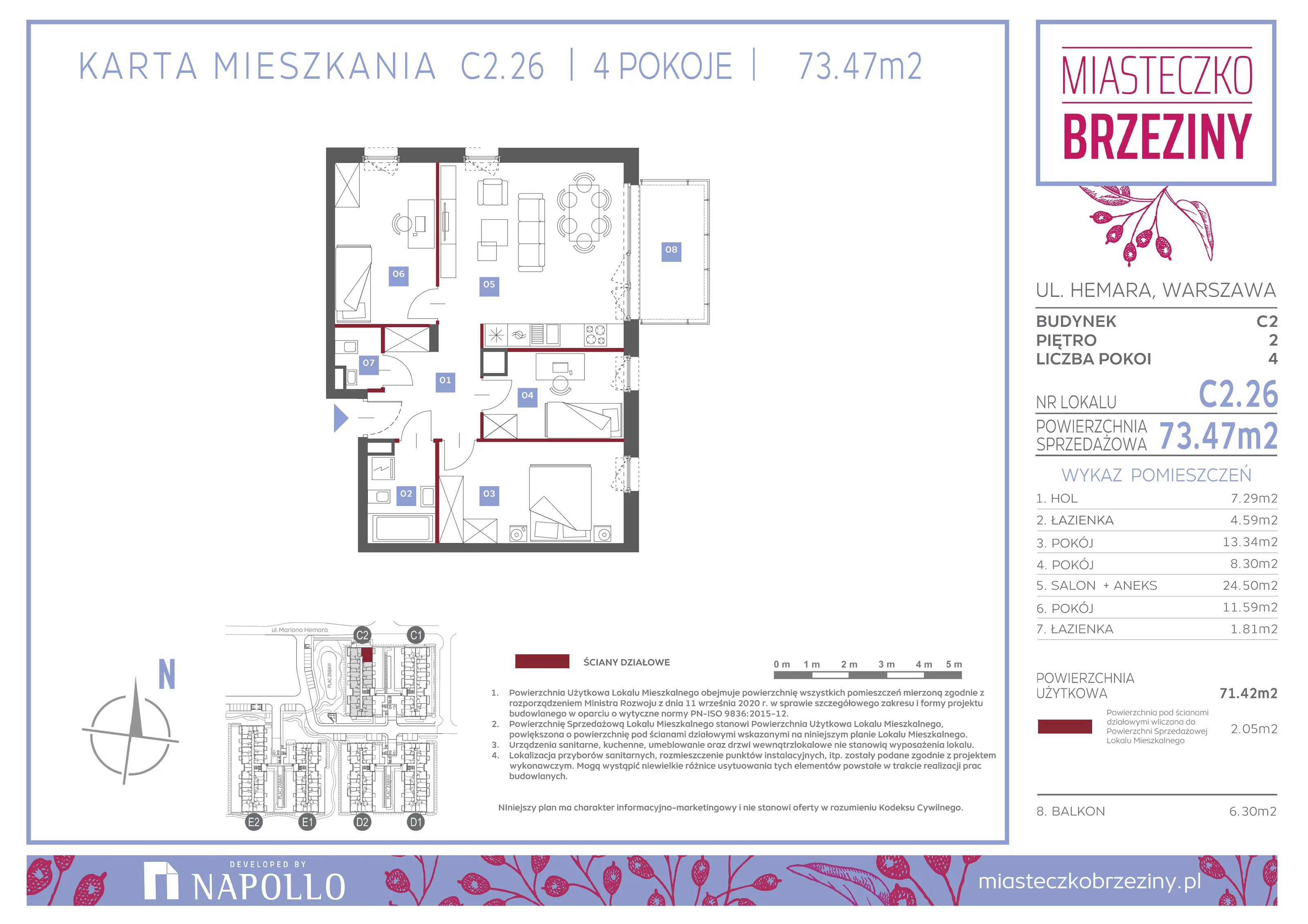 4 pokoje, mieszkanie 73,47 m², piętro 2, oferta nr C2.26, Miasteczko Brzeziny II, Warszawa, Białołęka, Brzeziny, ul. Hemara