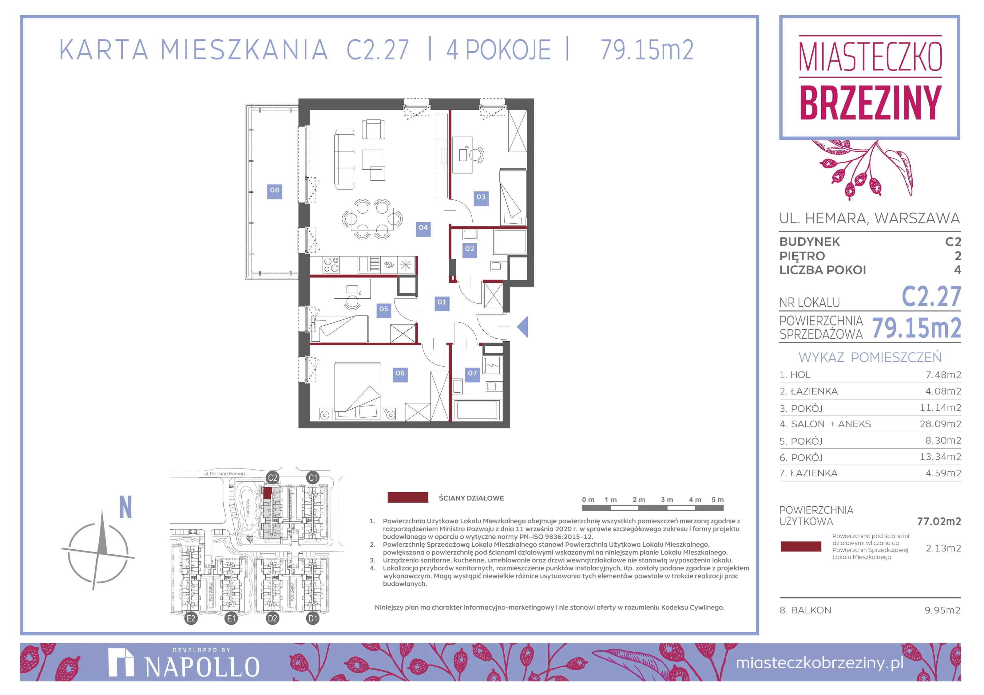 4 pokoje, mieszkanie 79,15 m², piętro 2, oferta nr C2.27, Miasteczko Brzeziny II, Warszawa, Białołęka, Brzeziny, ul. Hemara