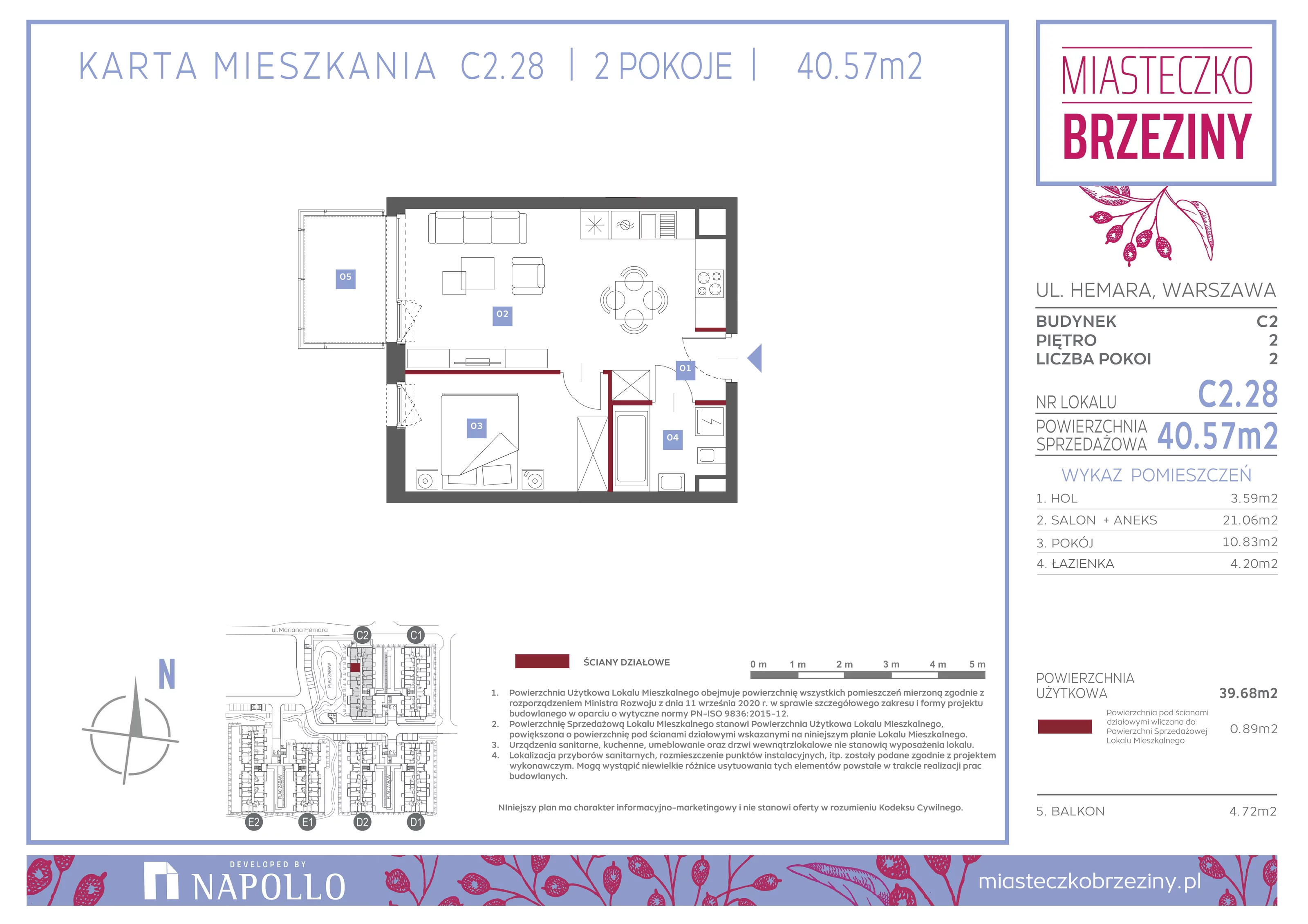 2 pokoje, mieszkanie 40,57 m², piętro 2, oferta nr C2.28, Miasteczko Brzeziny II, Warszawa, Białołęka, Brzeziny, ul. Hemara