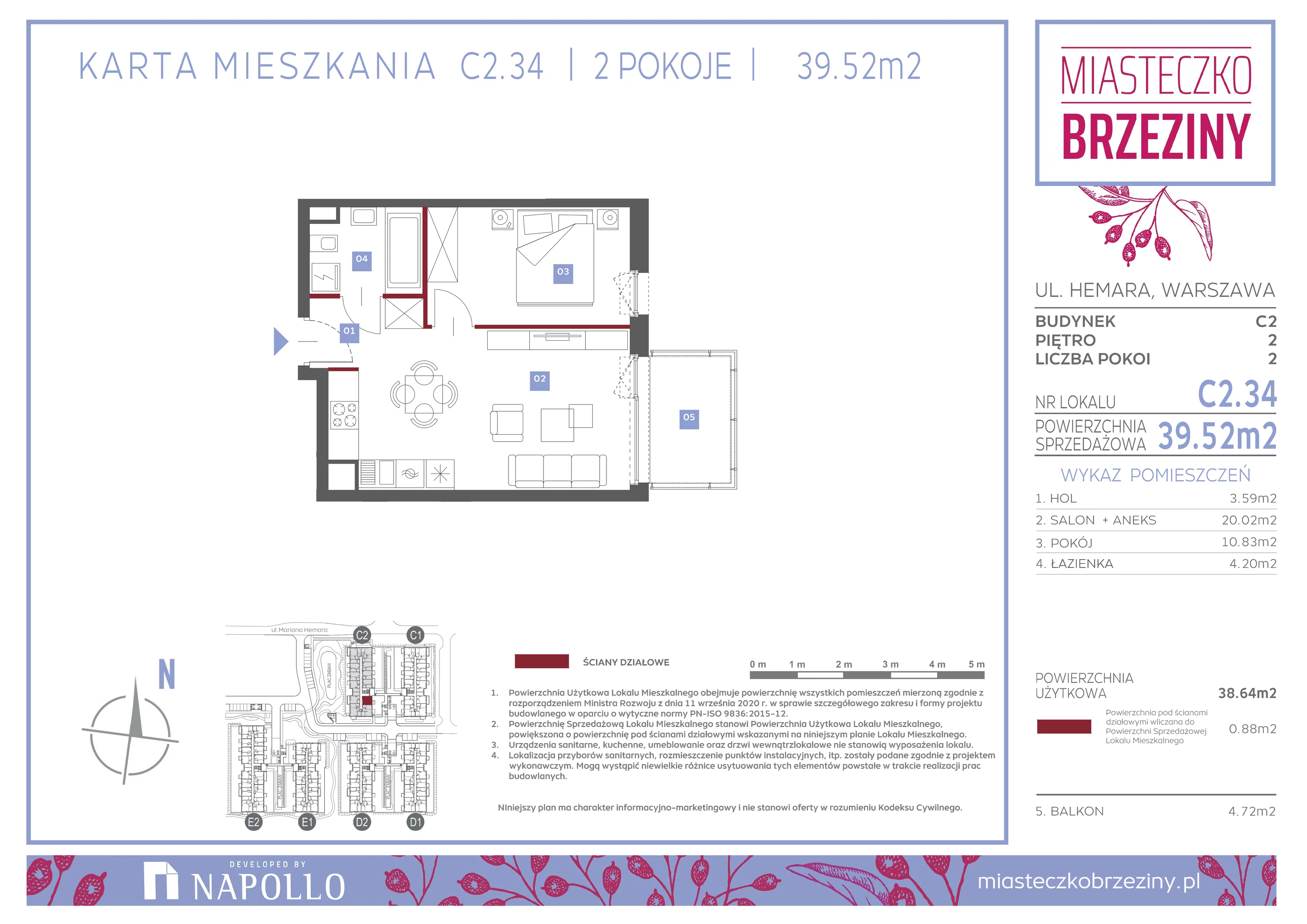 Mieszkanie 39,52 m², piętro 2, oferta nr C2.34, Miasteczko Brzeziny II, Warszawa, Białołęka, Brzeziny, ul. Hemara