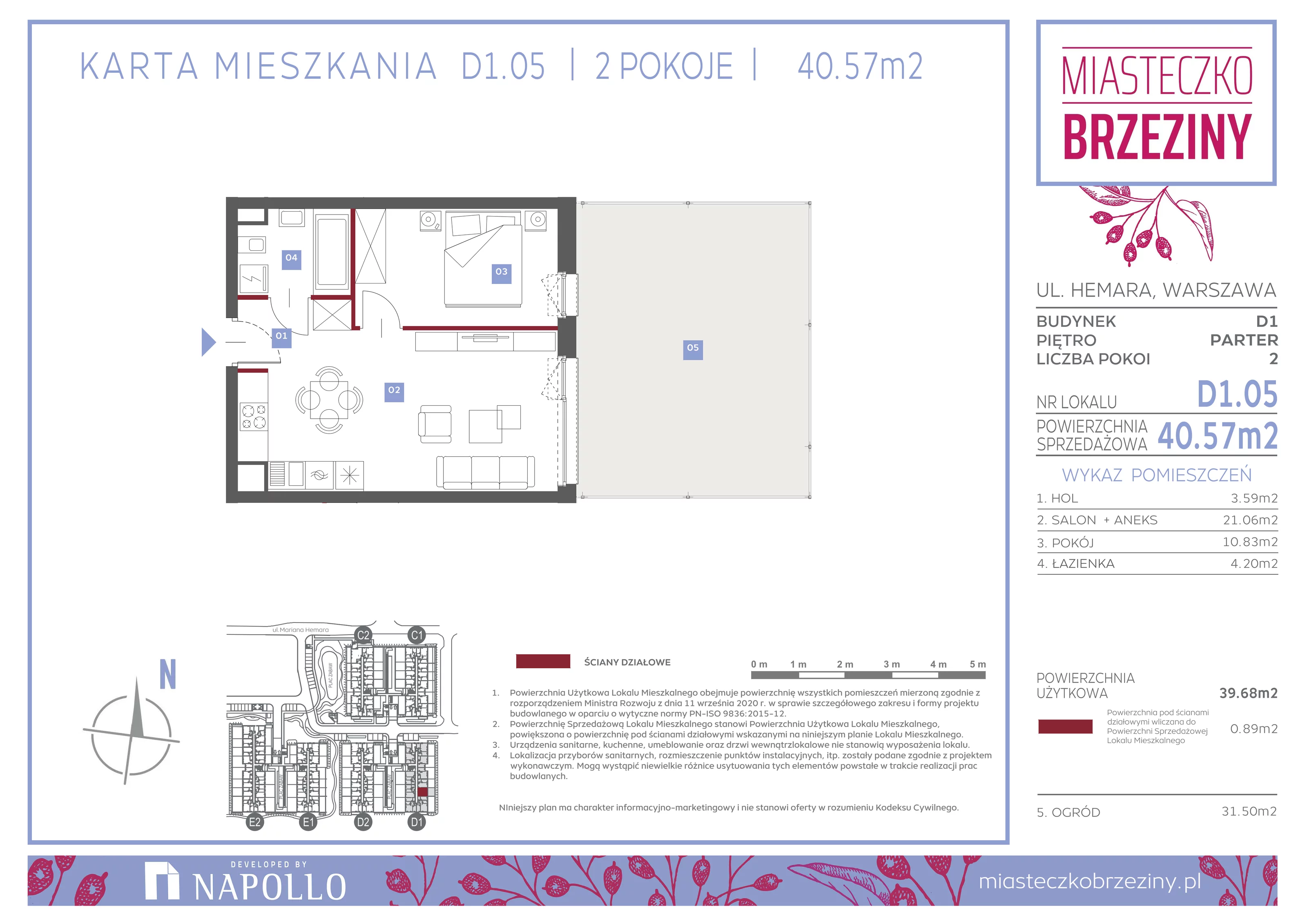 2 pokoje, mieszkanie 40,57 m², parter, oferta nr D1.05, Miasteczko Brzeziny II, Warszawa, Białołęka, Brzeziny, ul. Hemara