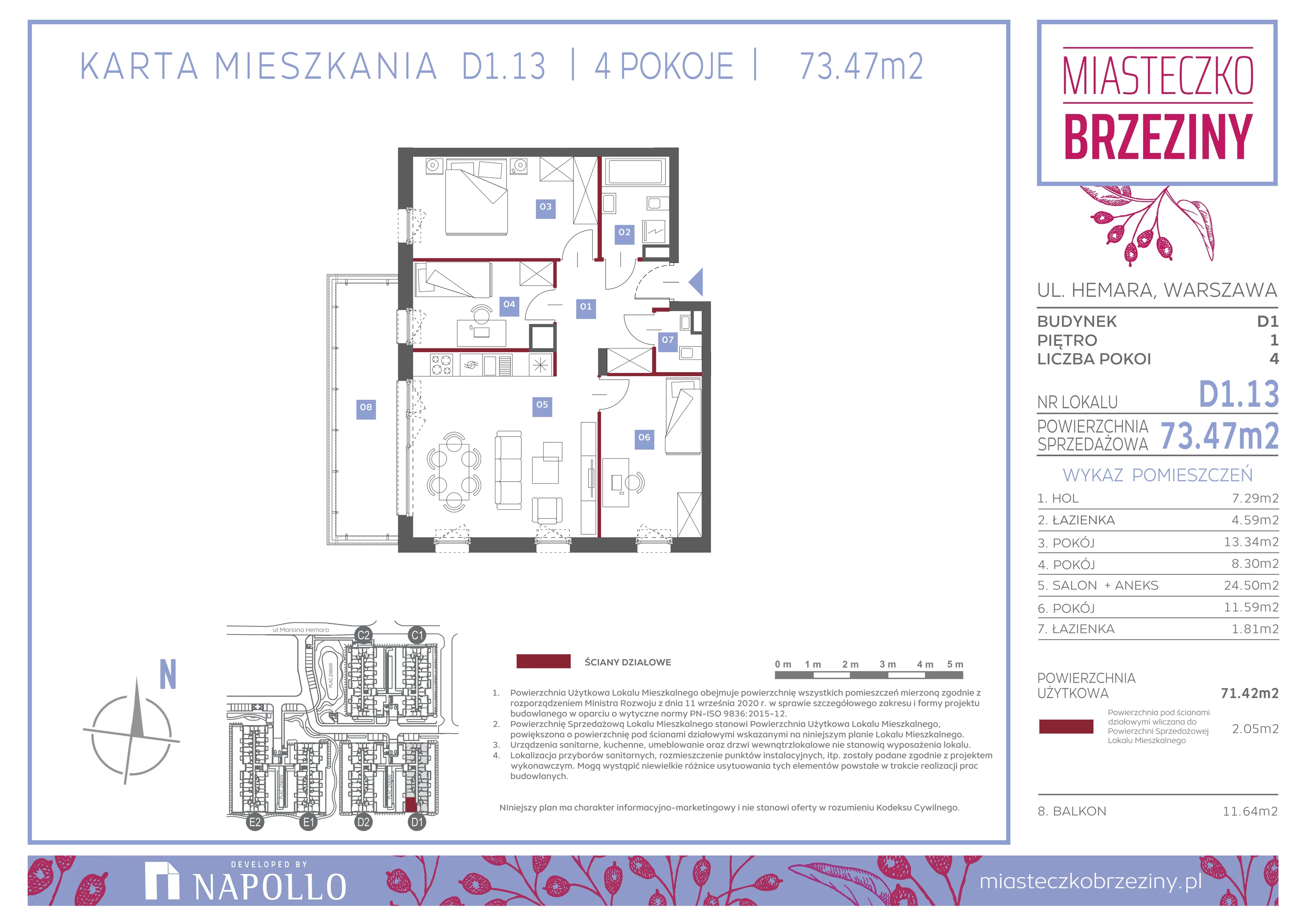 4 pokoje, mieszkanie 73,47 m², piętro 1, oferta nr D1.13, Miasteczko Brzeziny II, Warszawa, Białołęka, Brzeziny, ul. Hemara