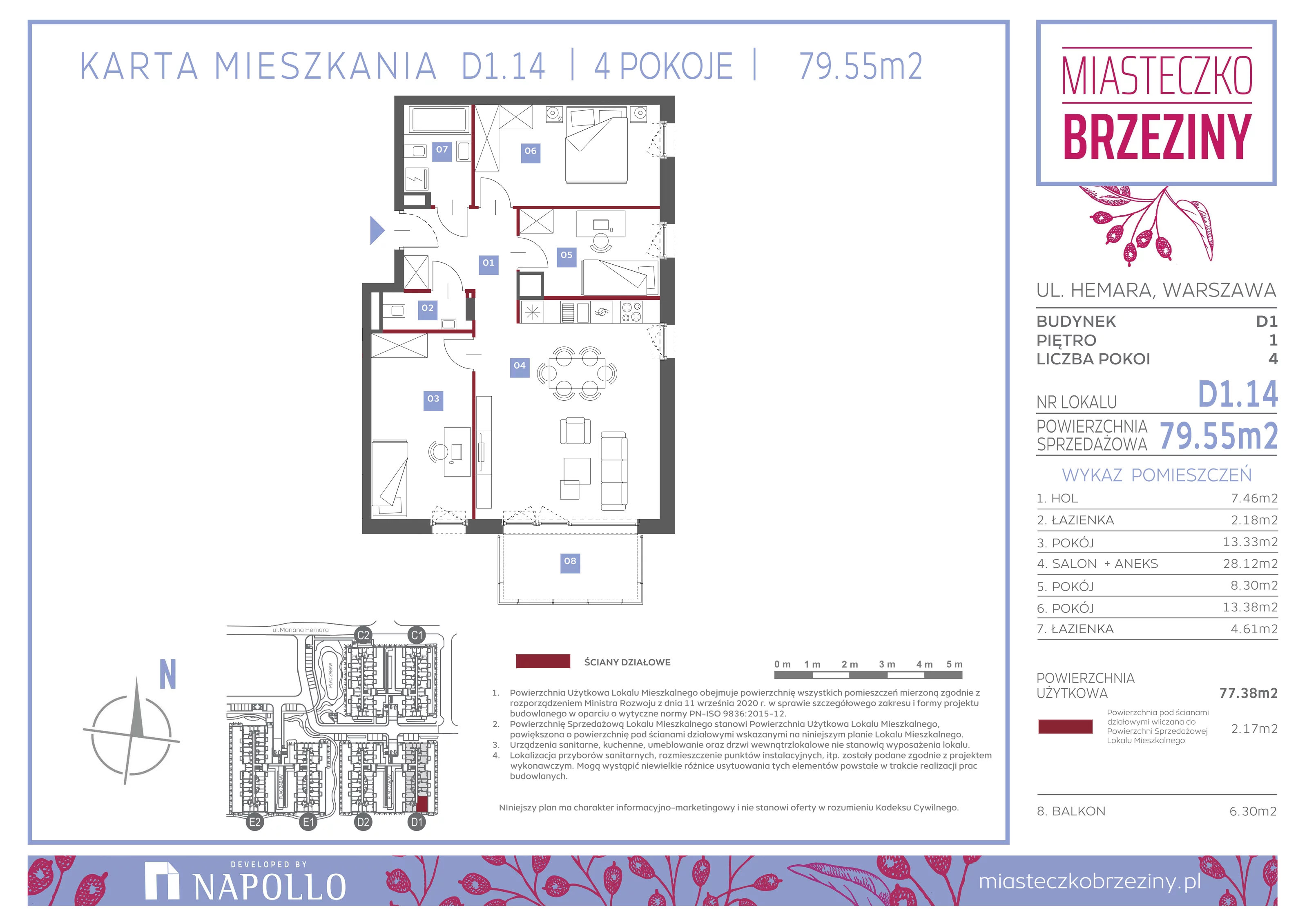 4 pokoje, mieszkanie 79,57 m², piętro 1, oferta nr D1.14, Miasteczko Brzeziny II, Warszawa, Białołęka, Brzeziny, ul. Hemara