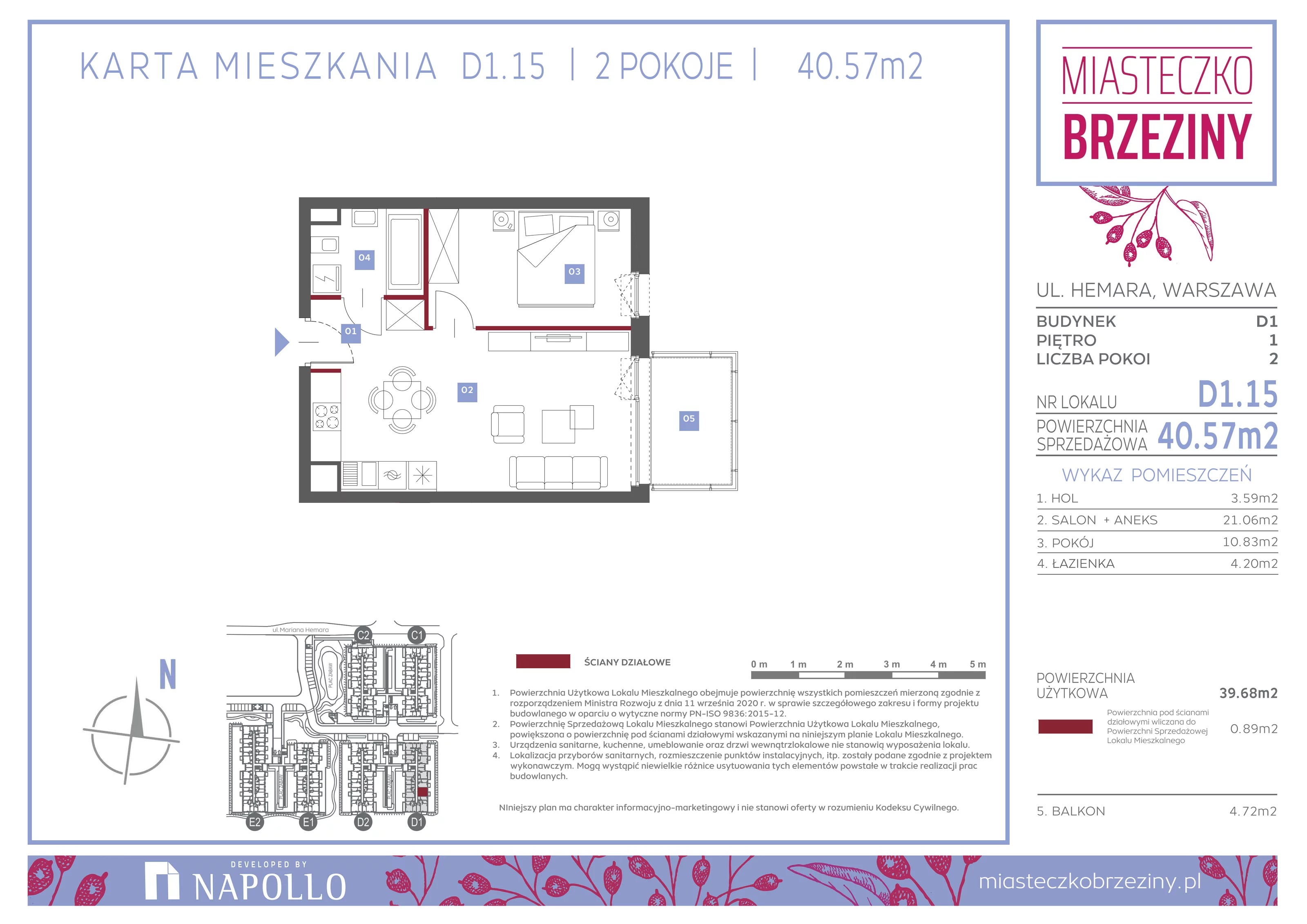 2 pokoje, mieszkanie 40,57 m², piętro 1, oferta nr D1.15, Miasteczko Brzeziny II, Warszawa, Białołęka, Brzeziny, ul. Hemara