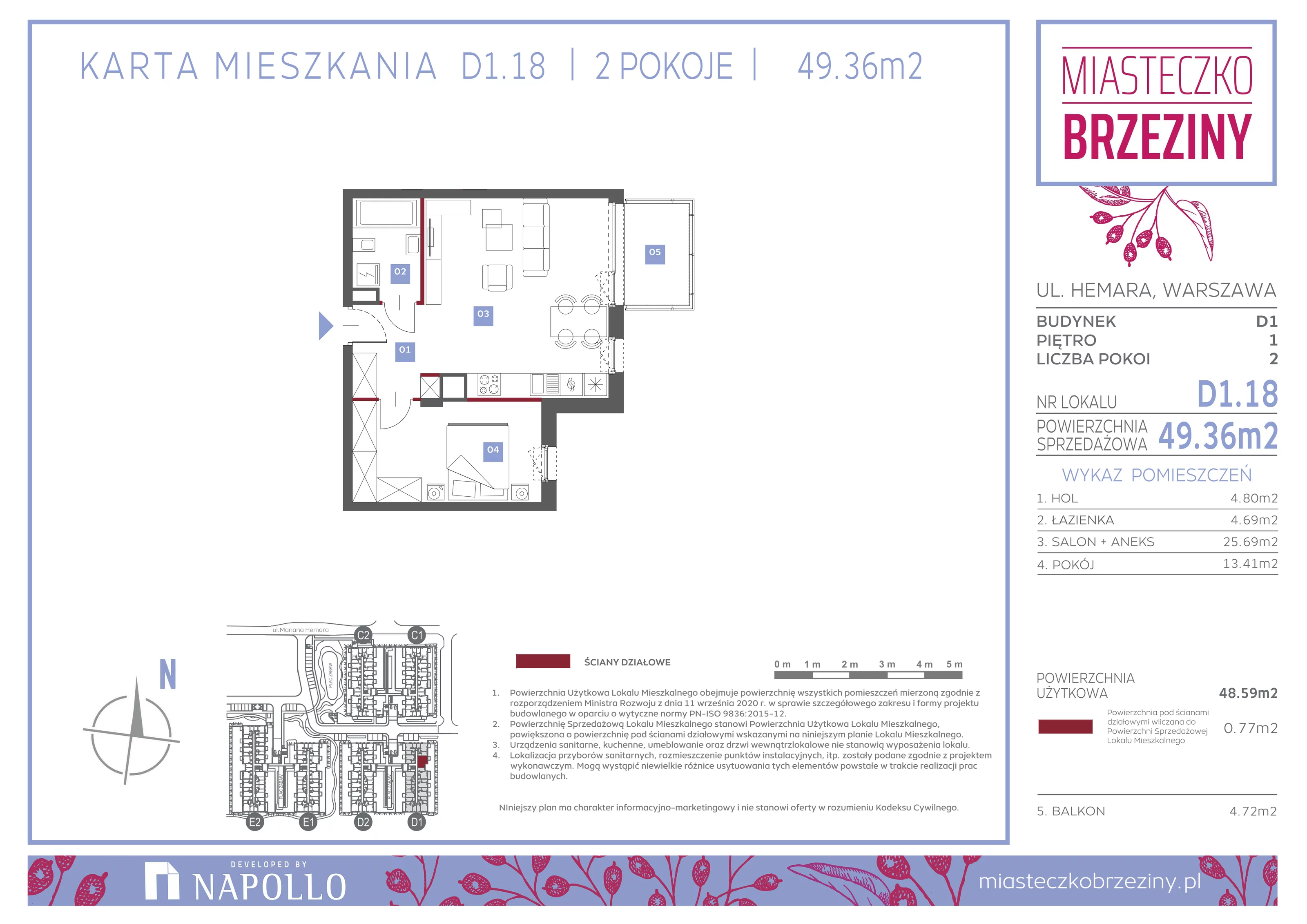 2 pokoje, mieszkanie 49,36 m², piętro 1, oferta nr D1.18, Miasteczko Brzeziny II, Warszawa, Białołęka, Brzeziny, ul. Hemara