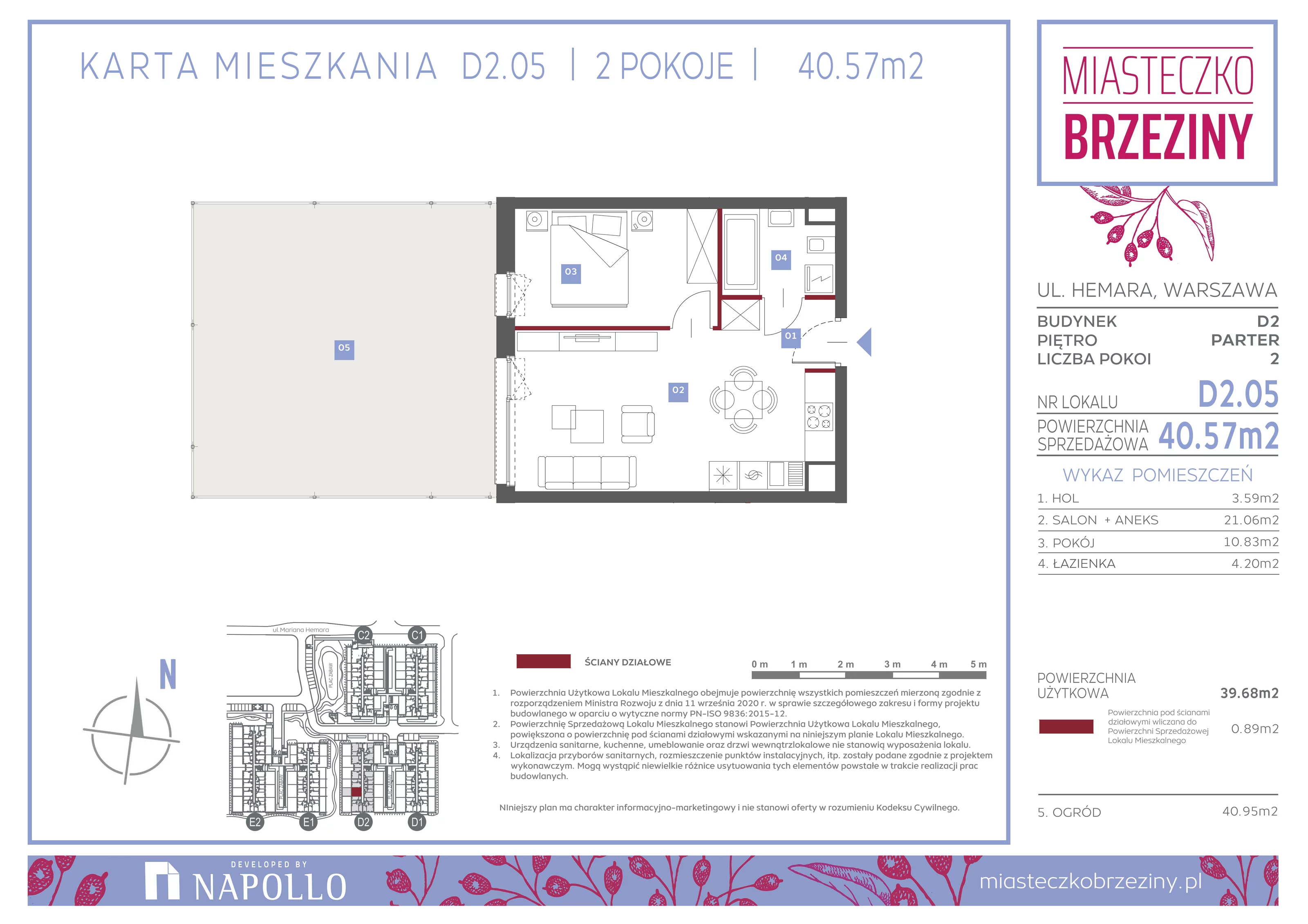 2 pokoje, mieszkanie 40,57 m², parter, oferta nr D2.05, Miasteczko Brzeziny II, Warszawa, Białołęka, Brzeziny, ul. Hemara