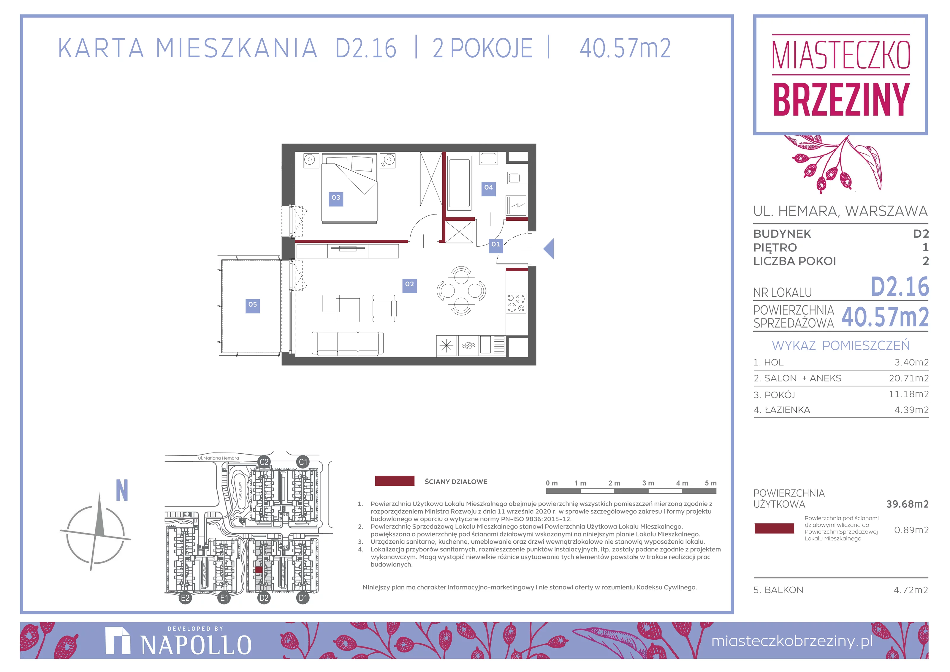 2 pokoje, mieszkanie 40,57 m², piętro 1, oferta nr D2.16, Miasteczko Brzeziny II, Warszawa, Białołęka, Brzeziny, ul. Hemara