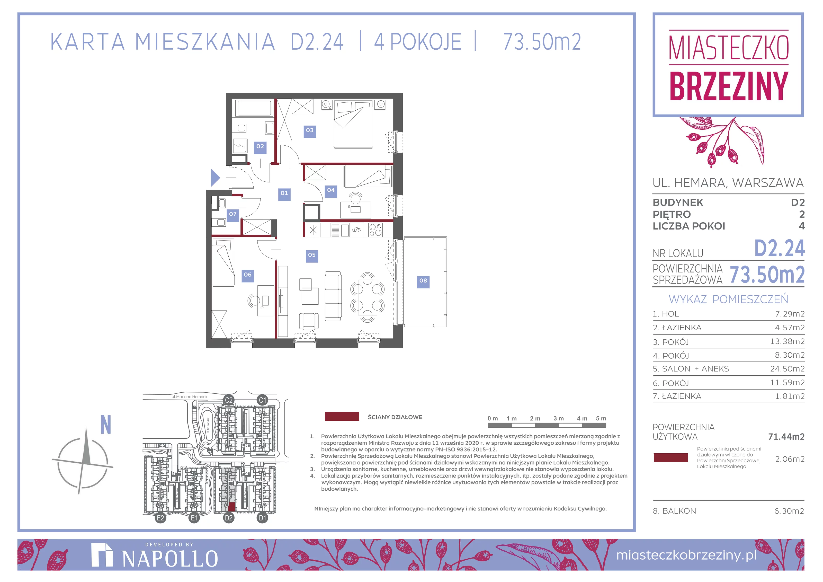 4 pokoje, mieszkanie 73,50 m², piętro 2, oferta nr D2.24, Miasteczko Brzeziny II, Warszawa, Białołęka, Brzeziny, ul. Hemara