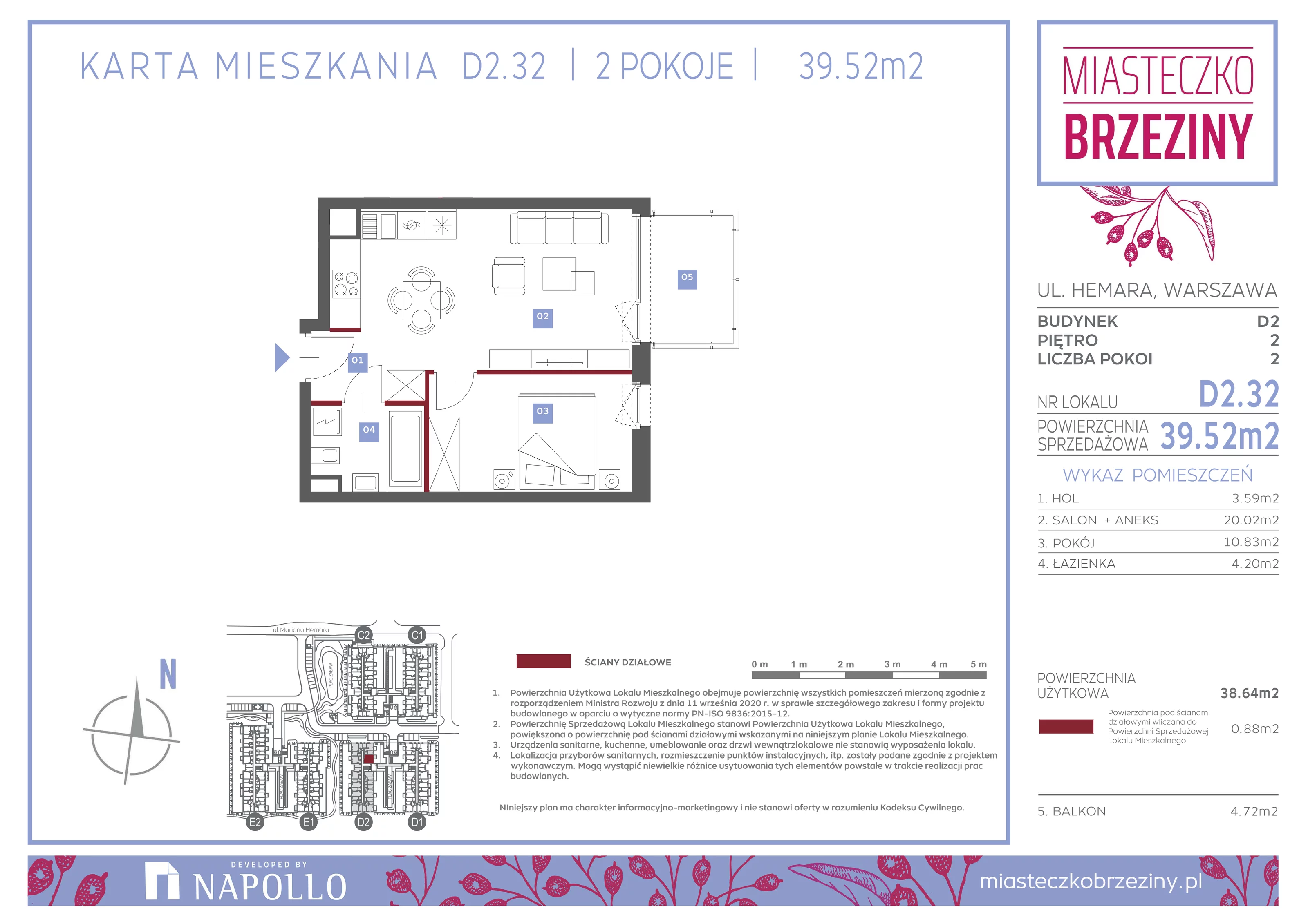 Mieszkanie 39,52 m², piętro 2, oferta nr D2.32, Miasteczko Brzeziny II, Warszawa, Białołęka, Brzeziny, ul. Hemara