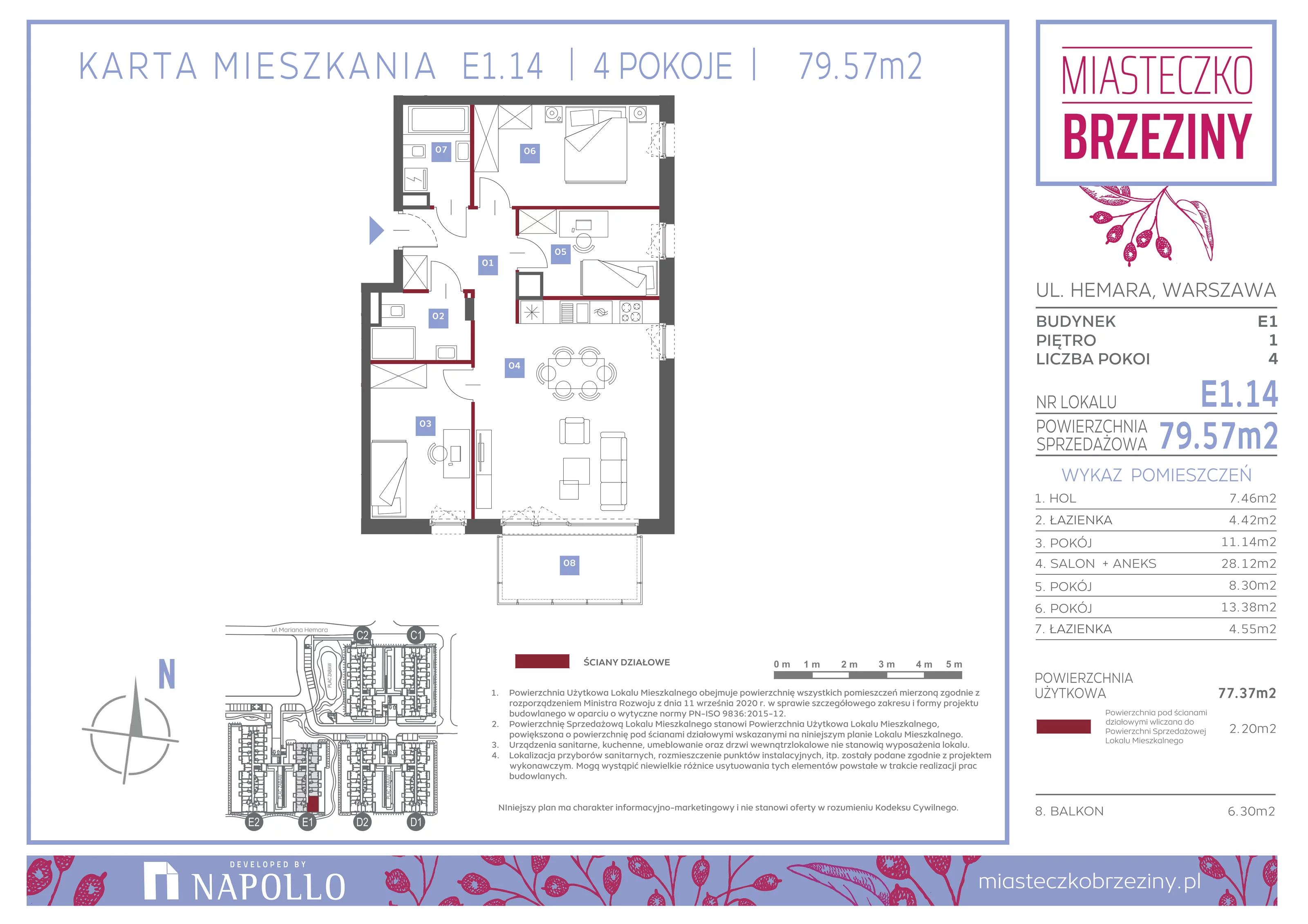 4 pokoje, mieszkanie 79,57 m², piętro 1, oferta nr E1.14, Miasteczko Brzeziny II, Warszawa, Białołęka, Brzeziny, ul. Hemara