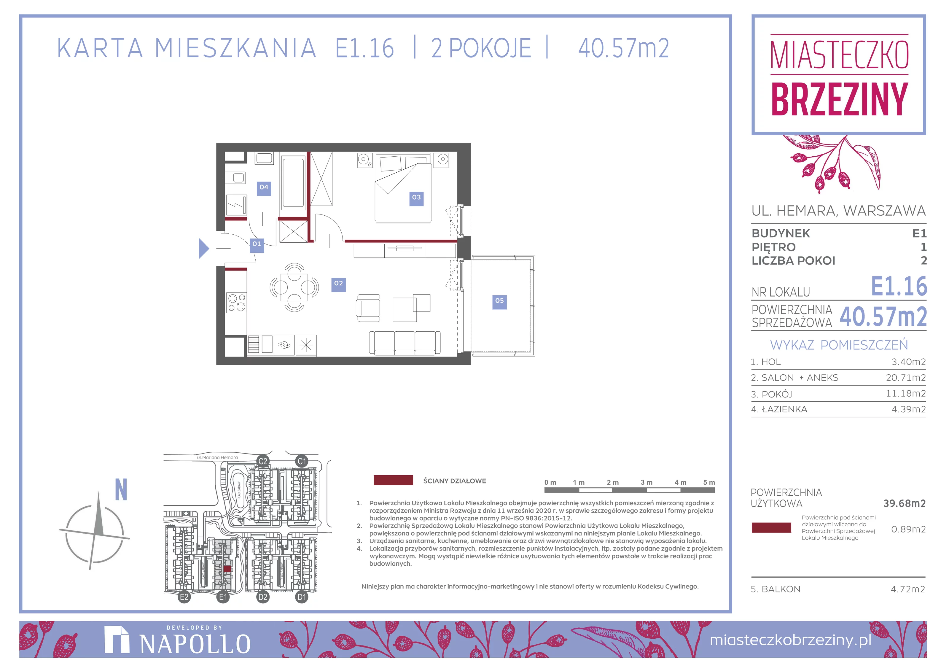 2 pokoje, mieszkanie 40,57 m², piętro 1, oferta nr E1.16, Miasteczko Brzeziny II, Warszawa, Białołęka, Brzeziny, ul. Hemara